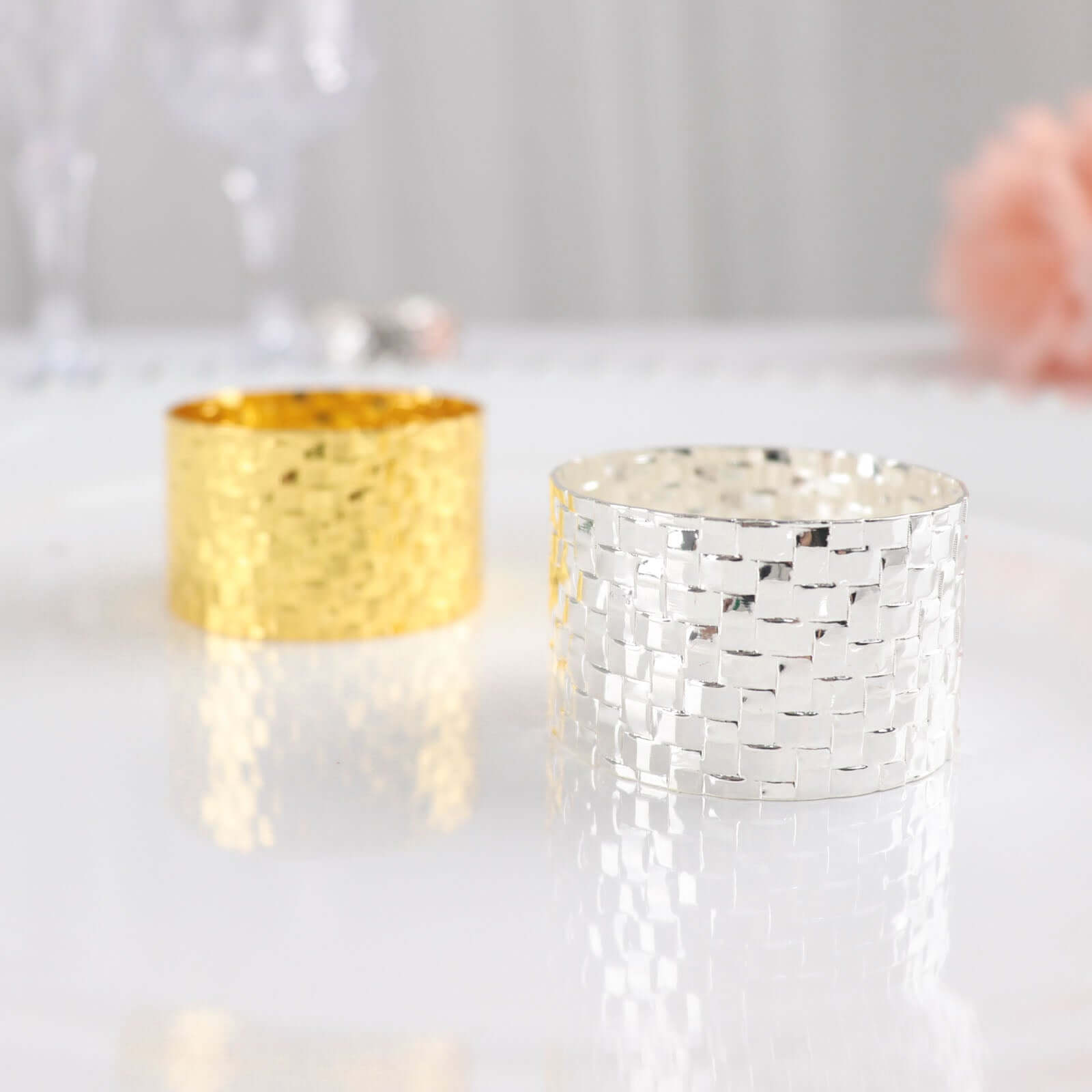 4 Pack Shiny Silver Metal Basket Weave Napkin Rings, Cloth Napkin Holders