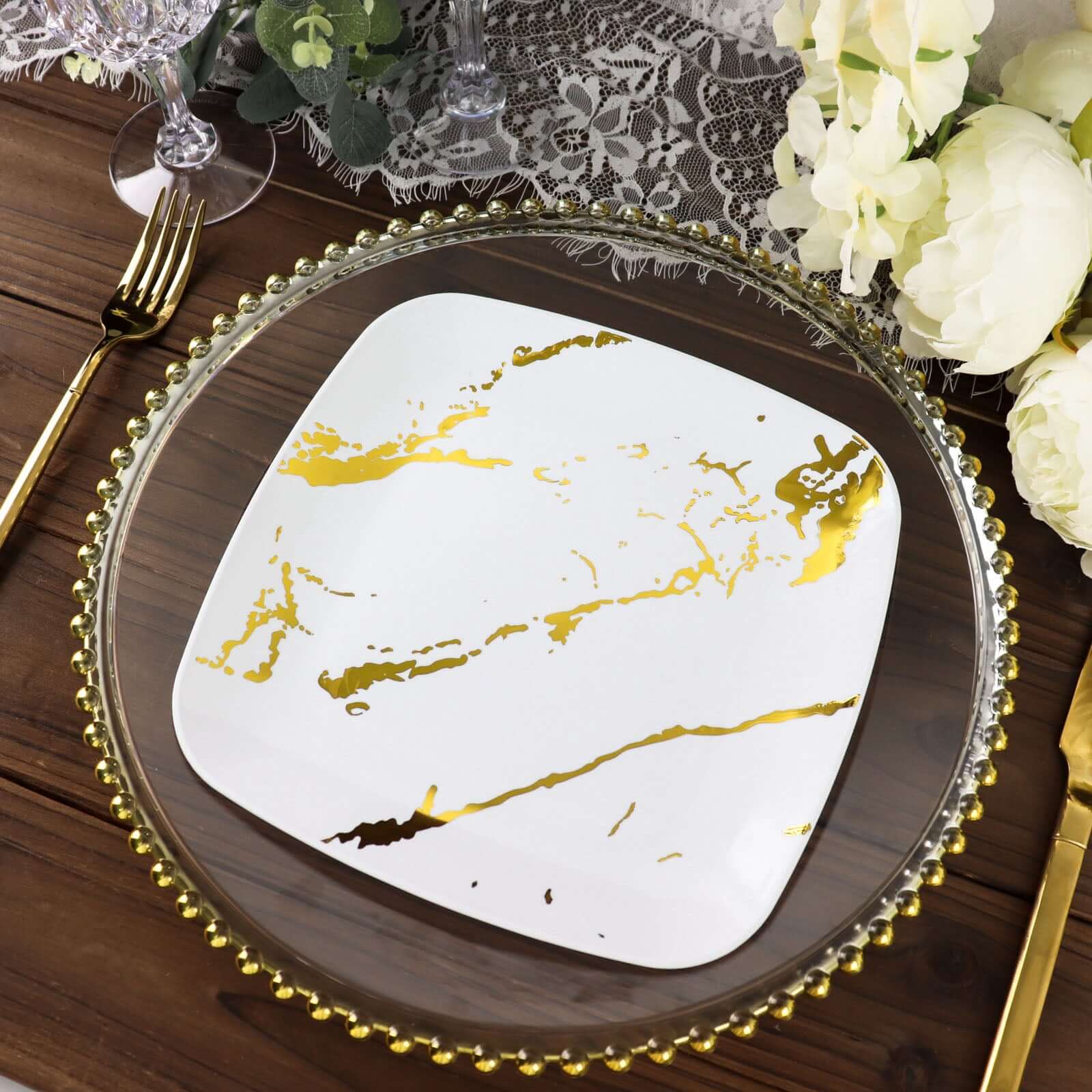 10-Pack Plastic 8 Square Dessert Plates in White with Gold Marble Design - Disposable Appetizer Salad Party Plates for Weddings, Banquets & Special Events