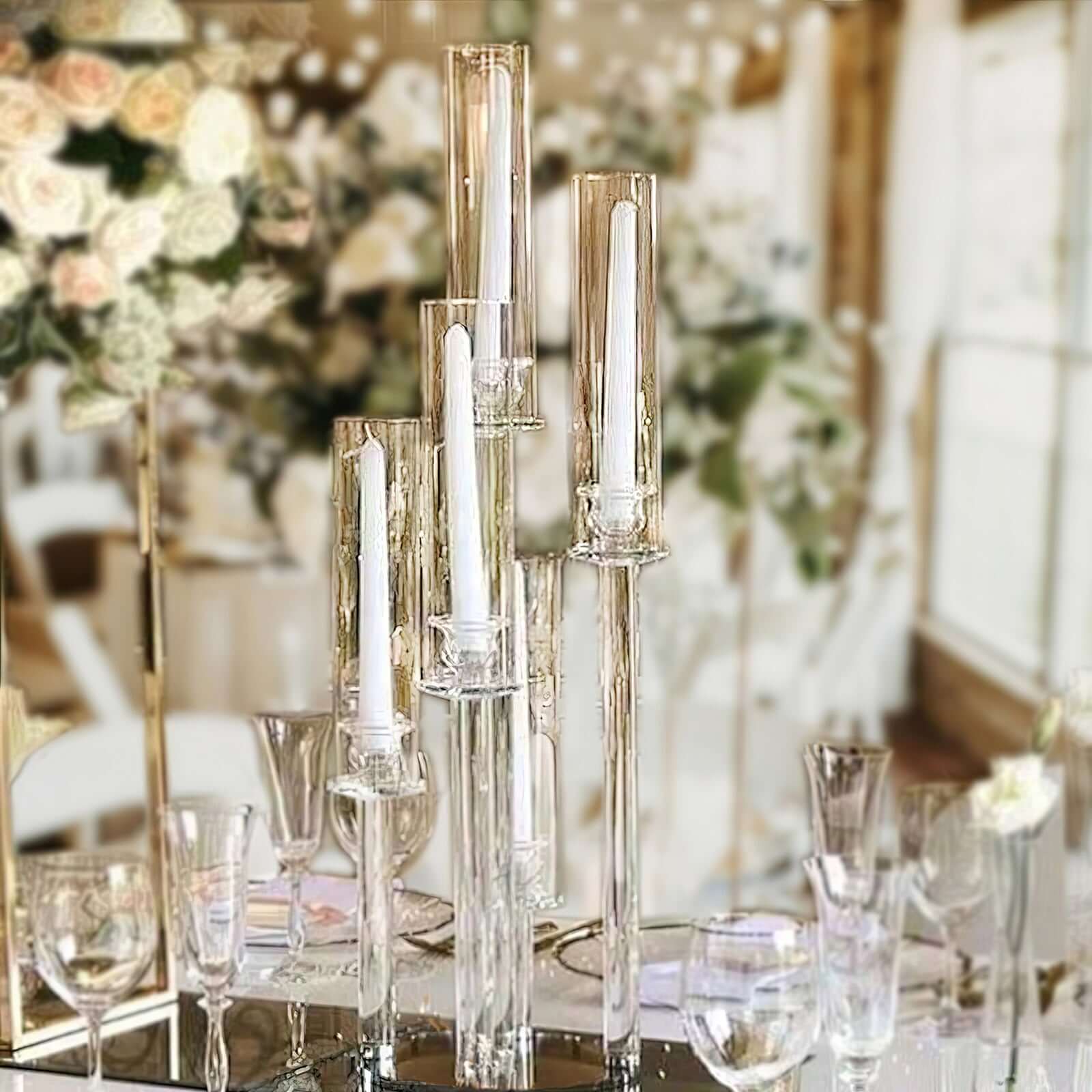 5-Arm Round Crystal Glass Candelabra Clear Taper Design - Chic Candle Holder Table Centerpiece for Weddings & Events 32