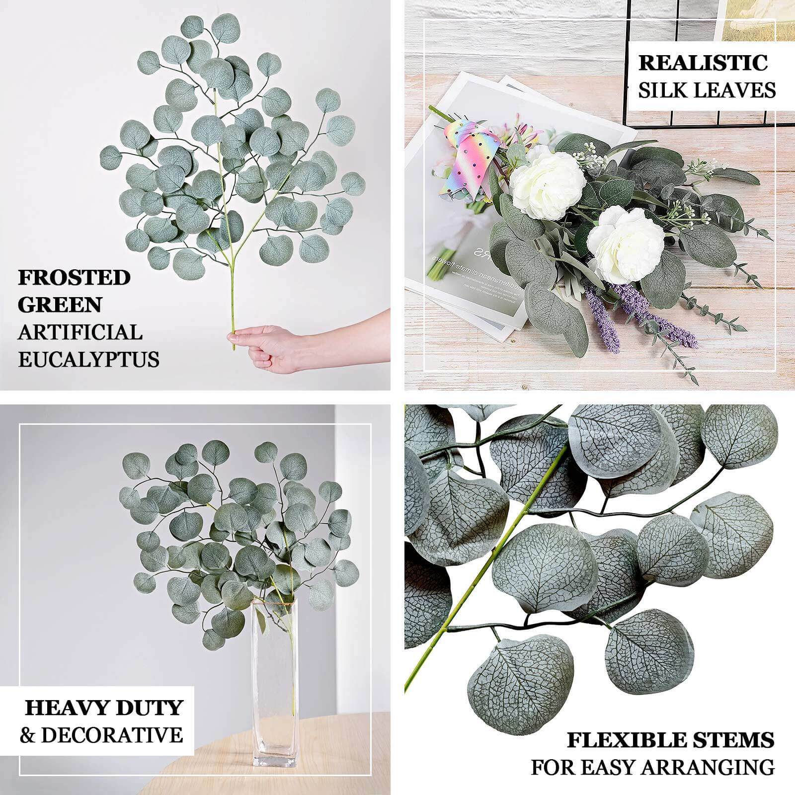 4 Pack 25 Frosted Green Artificial Silk Eucalyptus Leaf Branches