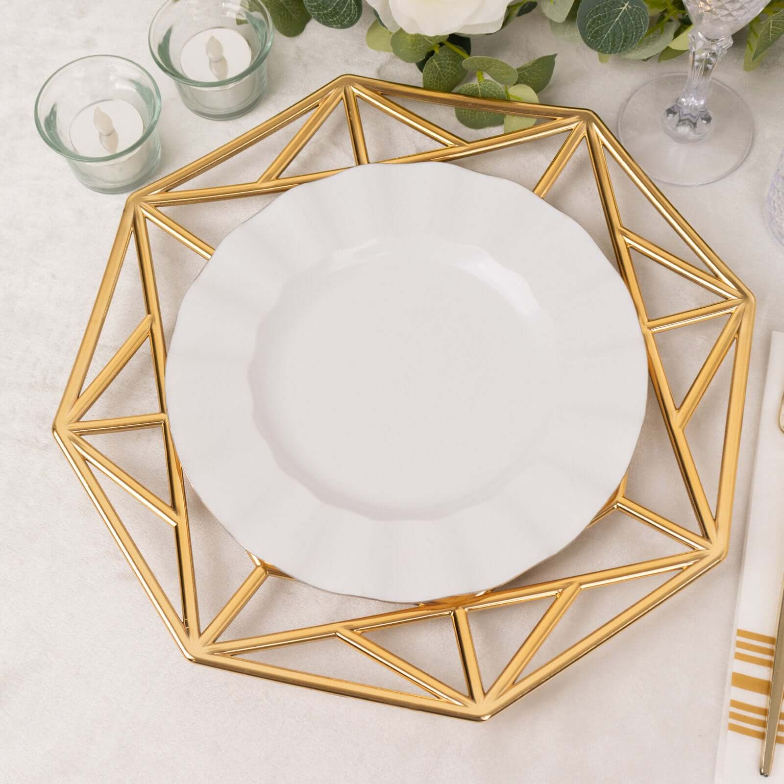 6-Pack Acrylic Octagon Charger Plates 13 in Metallic Gold with Hollow Geometric Rim, Plastic Disposable Decorative Chargers