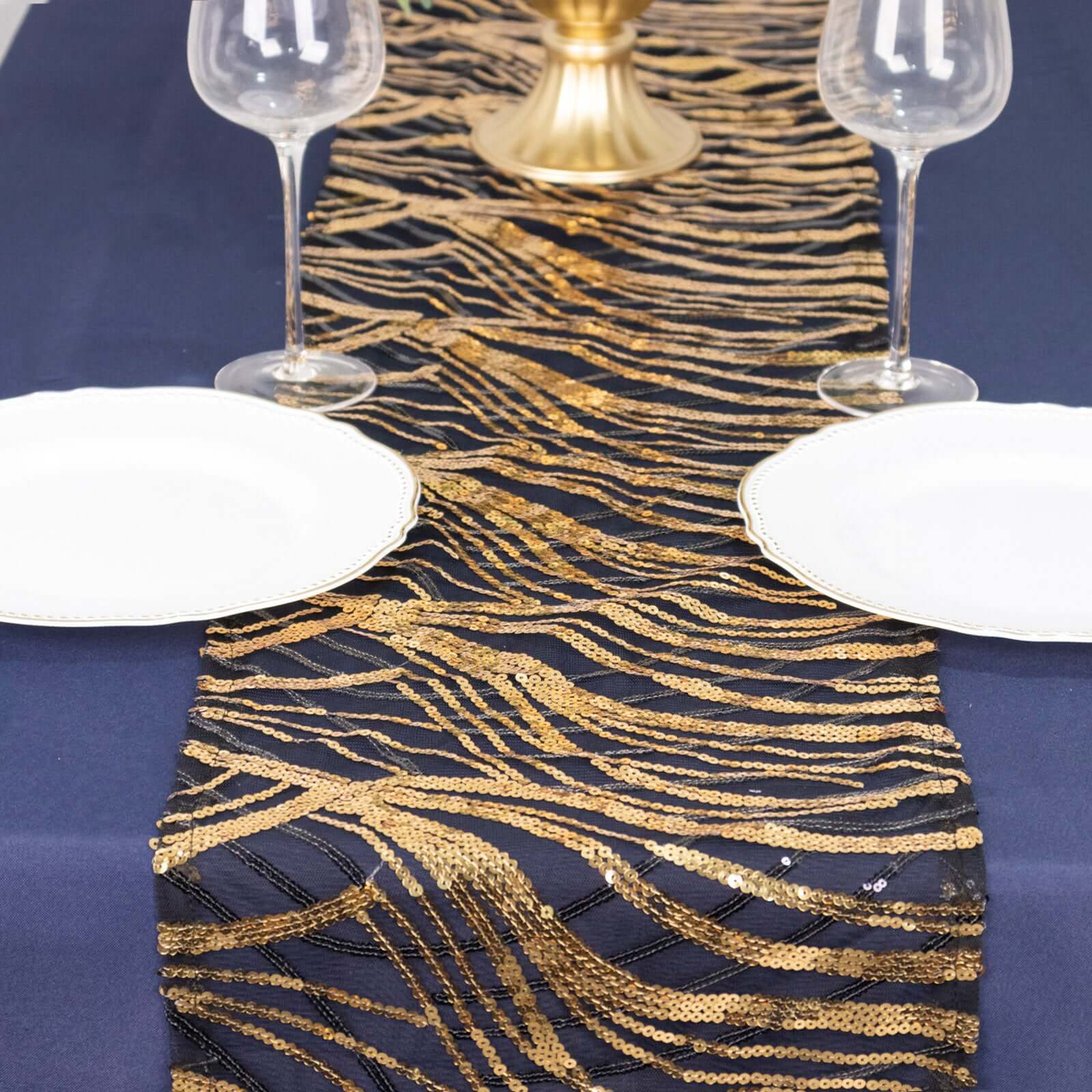 Sequin Mesh 12x108 Table Runner Black Gold Stylish Wave Embroidery