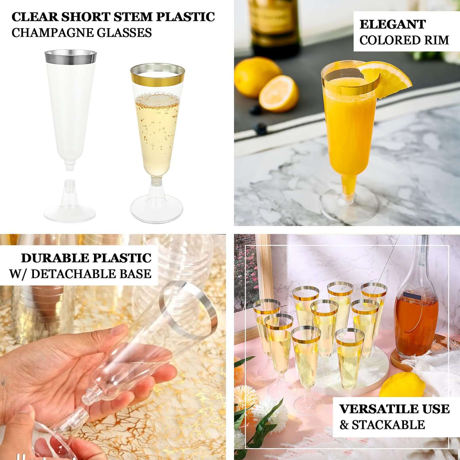 12-Pack Plastic Champagne Flutes Clear with Gold Rim - Stylish Disposable Cocktail Glasses for Parties 5oz 6