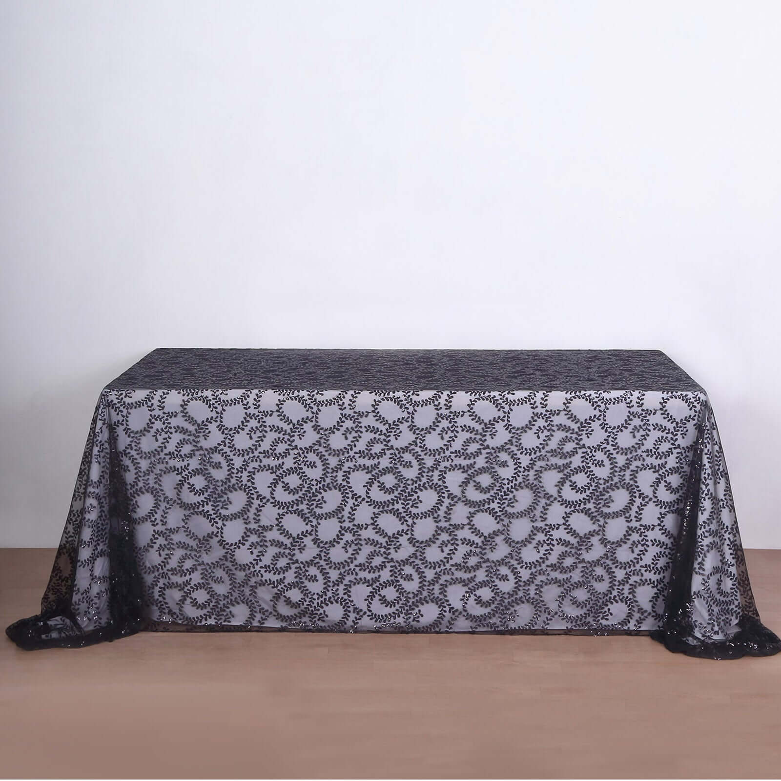 Tulle 90x156 Rectangle Tablecloth Black - Sequin Leaf Embroidered Table Cover