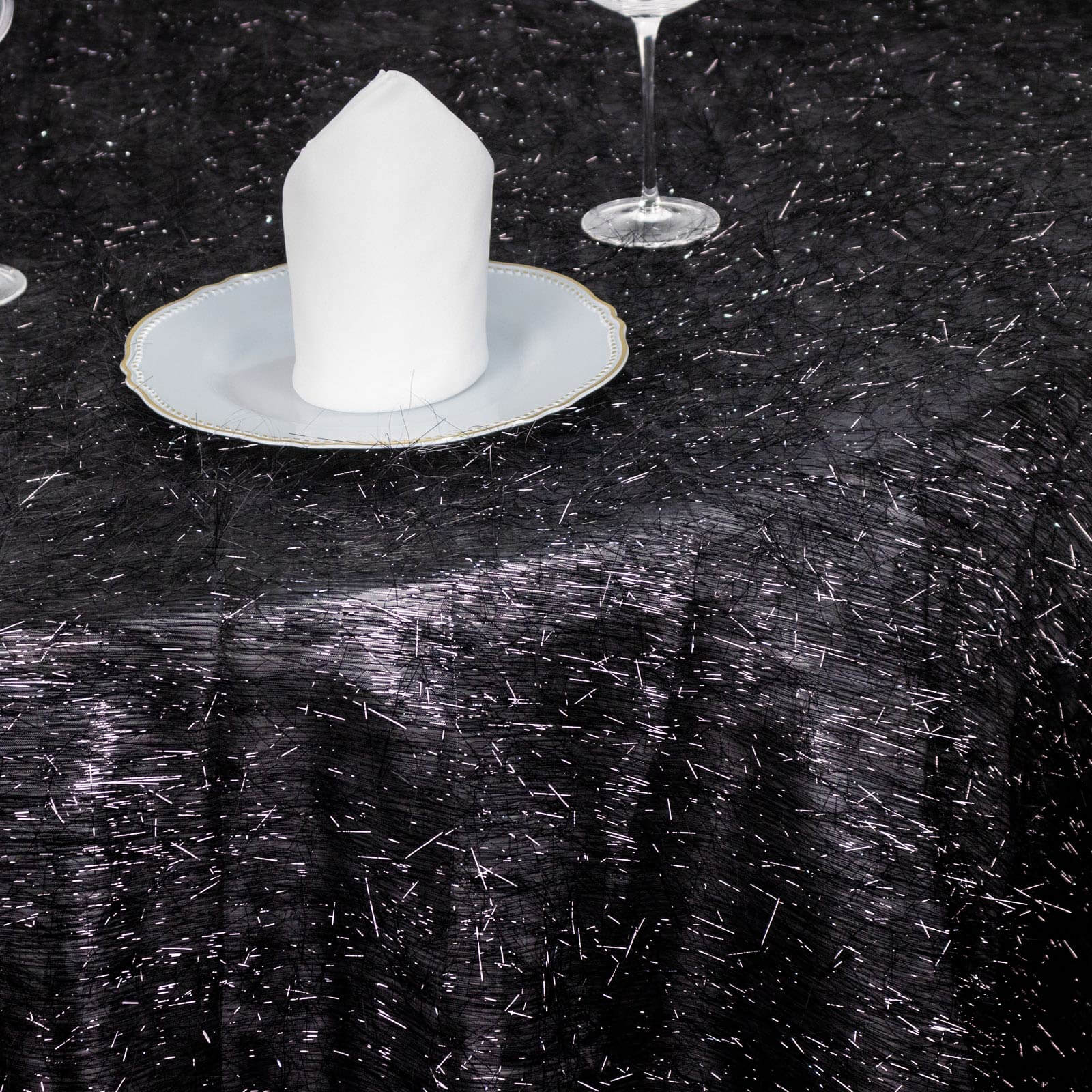 Polyester 120 Round Black Tablecloth Metallic Fringe Shag Tinsel Table Cover