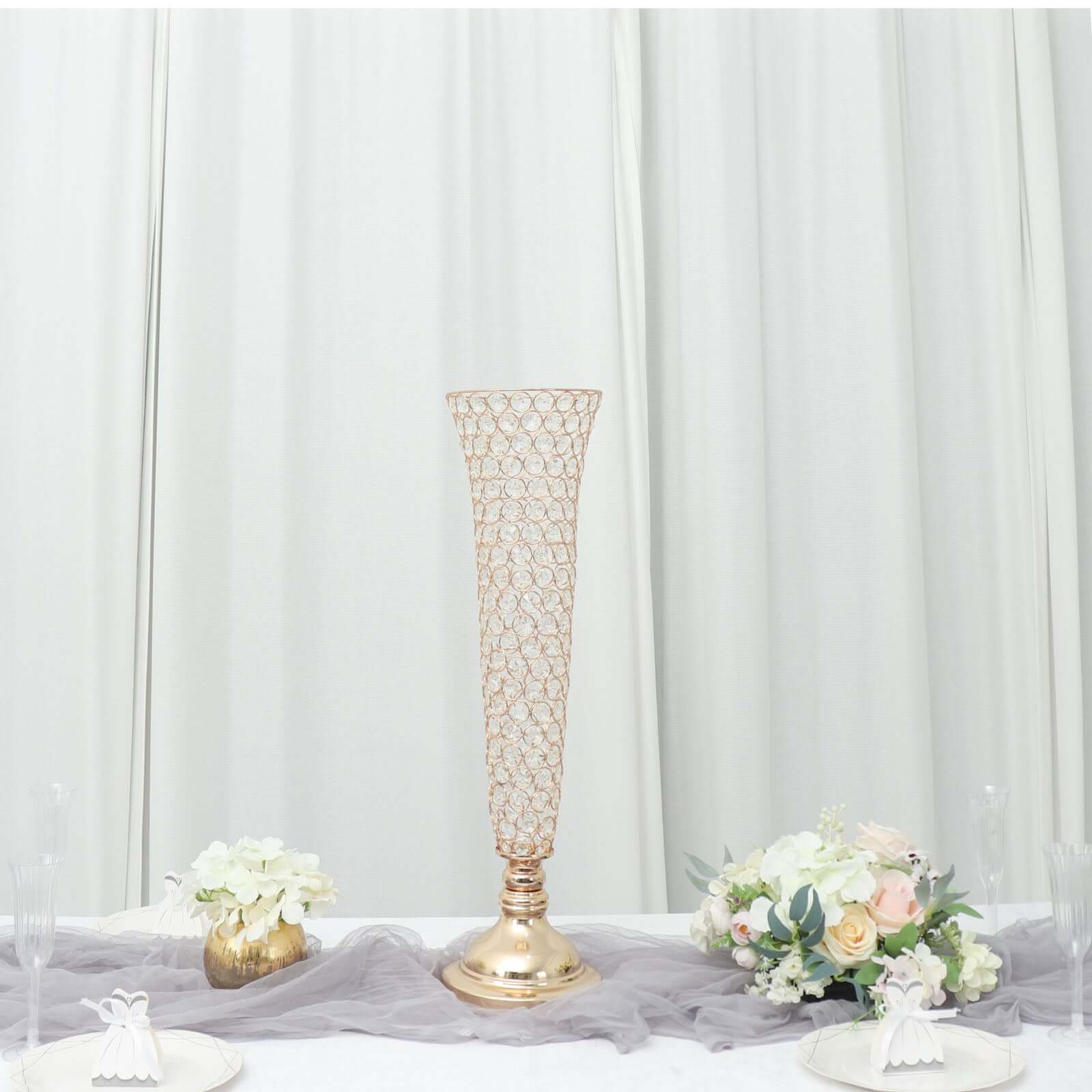 2-Pack Crystal Beaded Trumpet Vase Gold - Exquisite Floral Display Centerpiece Stand Set for Banquets & Receptions 28 Tall