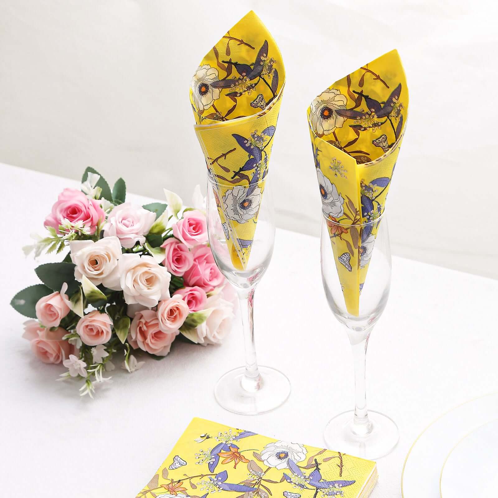 50-Pack Paper Beverage Napkins with Blooming Flowers Design Yellow - 2 Ply Soft 18GSM Floral Wedding Napkins 6.5x6.5