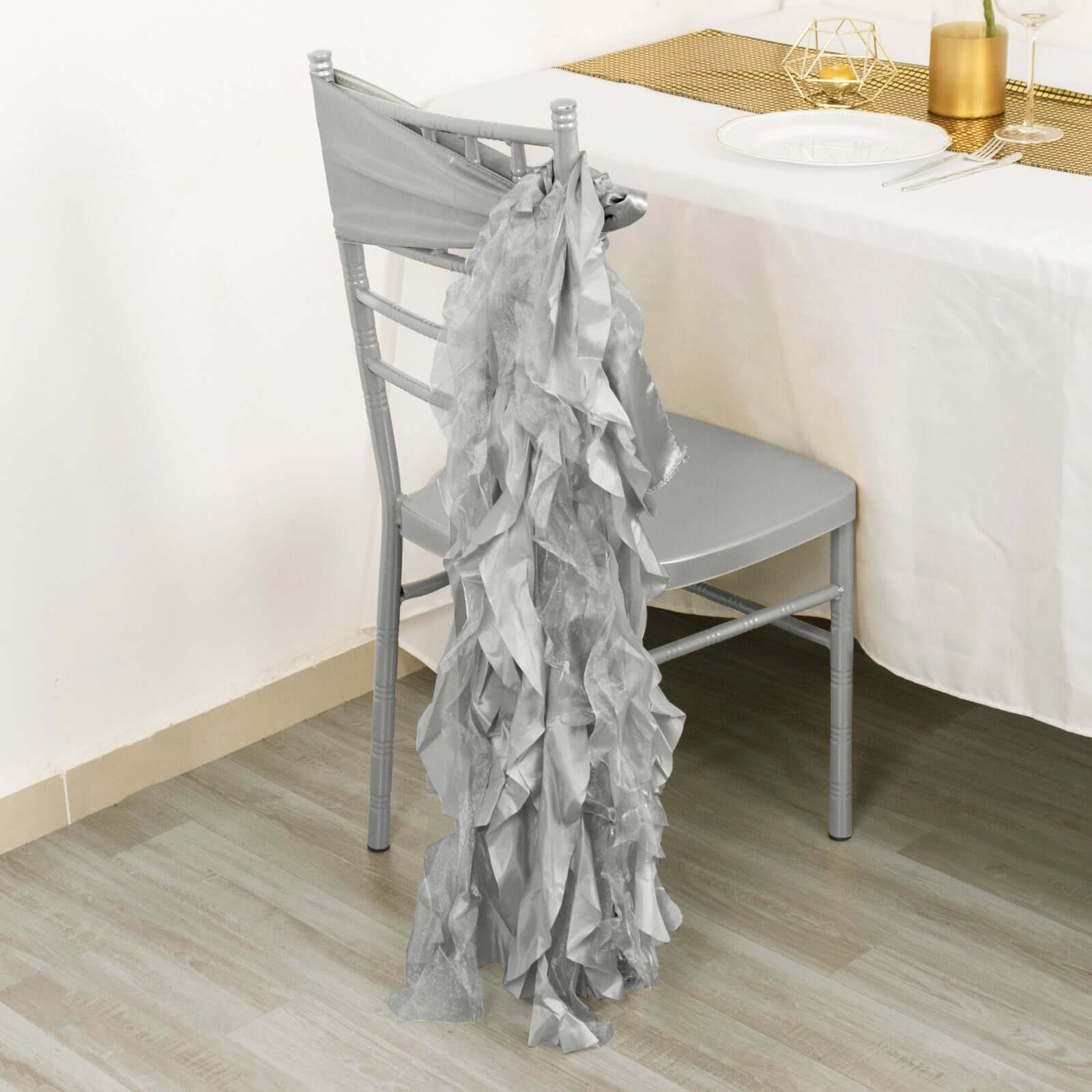 5 Pack Chiffon Satin Chair Sashes Silver - Easy to Install Ruffled Curly Willow