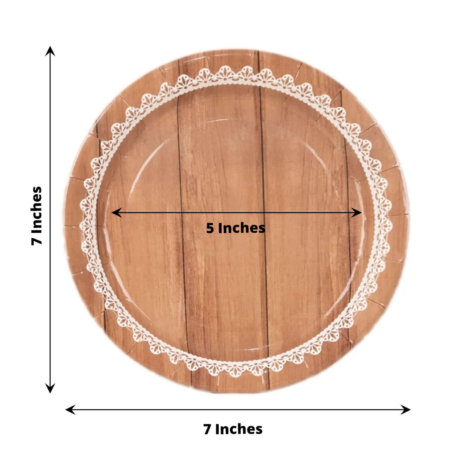 25-Pack Paper 7 Round Dessert Plates in Brown Wood Grain Print with White Floral Lace Rim - Disposable Appetizer Salad Plates for Rustic Farmhouse Style Events