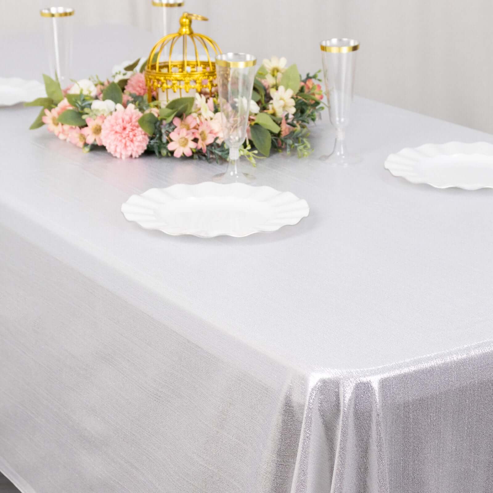 Sequin Dots Polyester 60x126 Rectangle Tablecloth Shimmering Silver - Wrinkle Free & Sparkling Table Cover