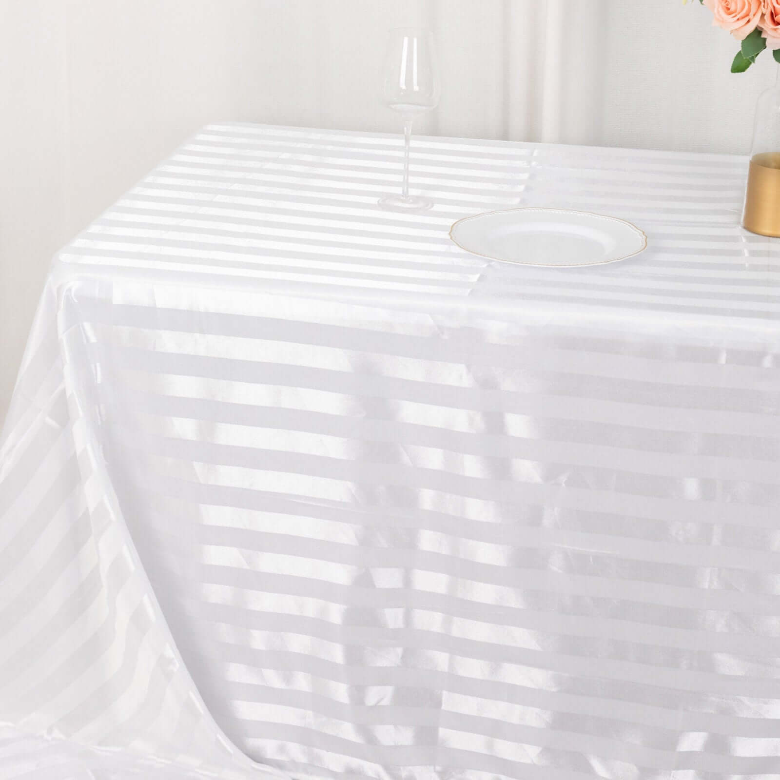 Satin Striped 90x132 Rectangular Tablecloth White Satin Stripe - Seamless Silky Smooth Wedding Decor