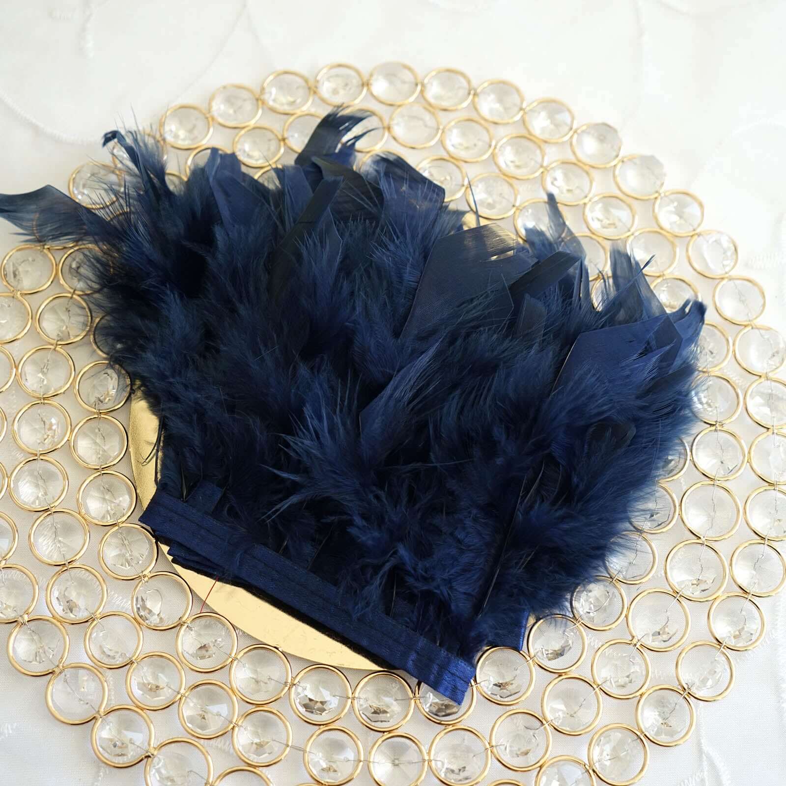 39 Navy Blue Real Turkey Feather Fringe Trim With Satin Ribbon Tape