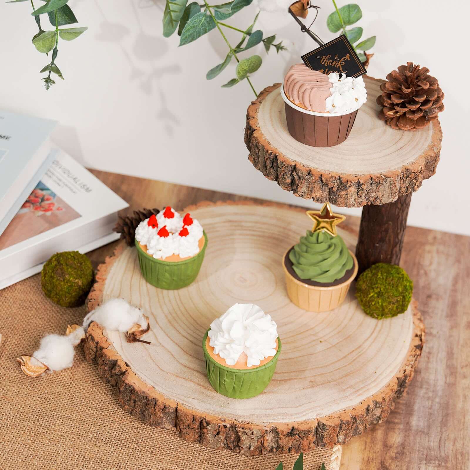 2-Tier Wooden Cheese Board Stand Elm Wood Slice Design Natural - Rustic Cupcake Centerpiece 8