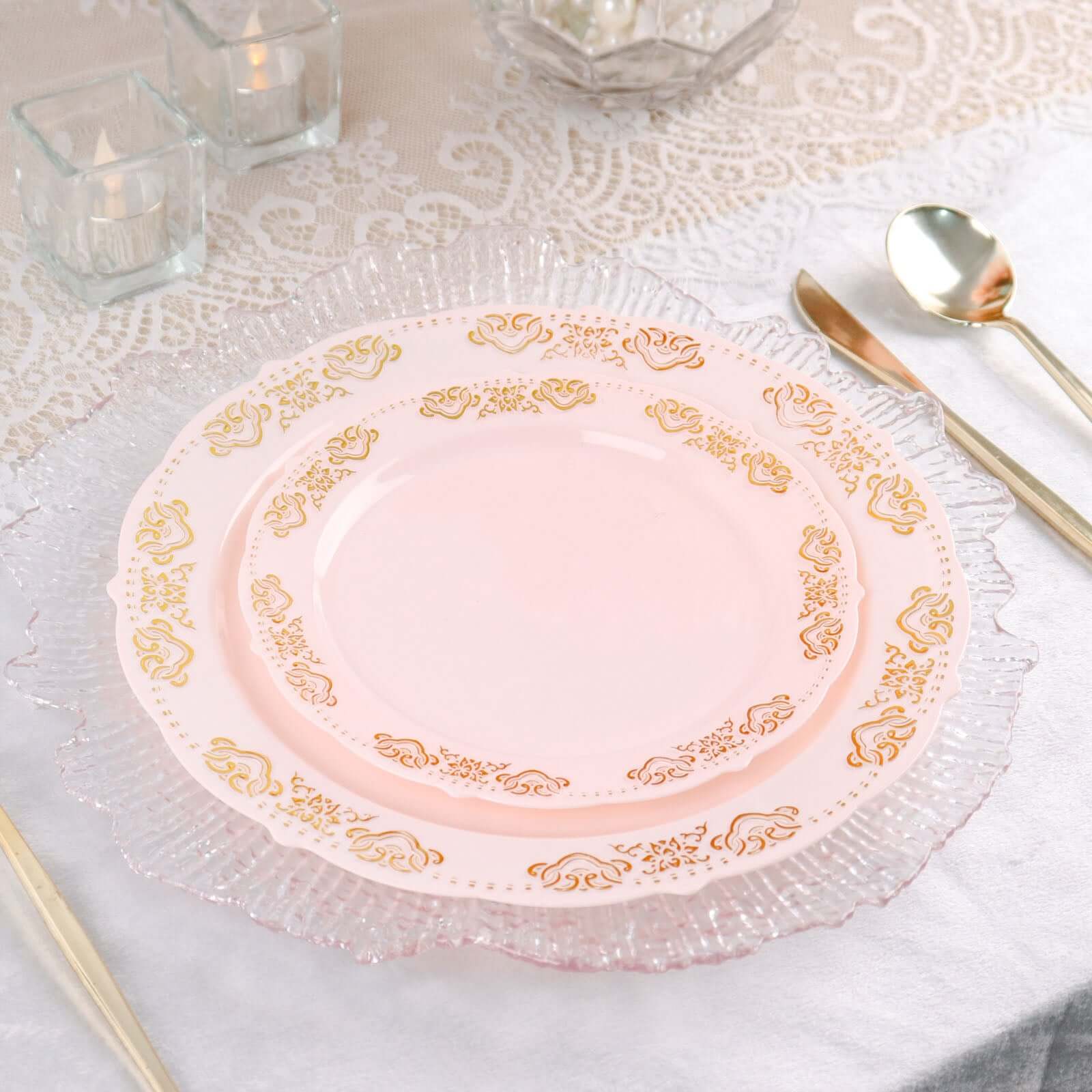 10-Pack Plastic 10 Round Dinner Plates in Blush with Gold Embossed Scalloped Edge - Chic Disposable Party Plates for Special Occasions & Banquets