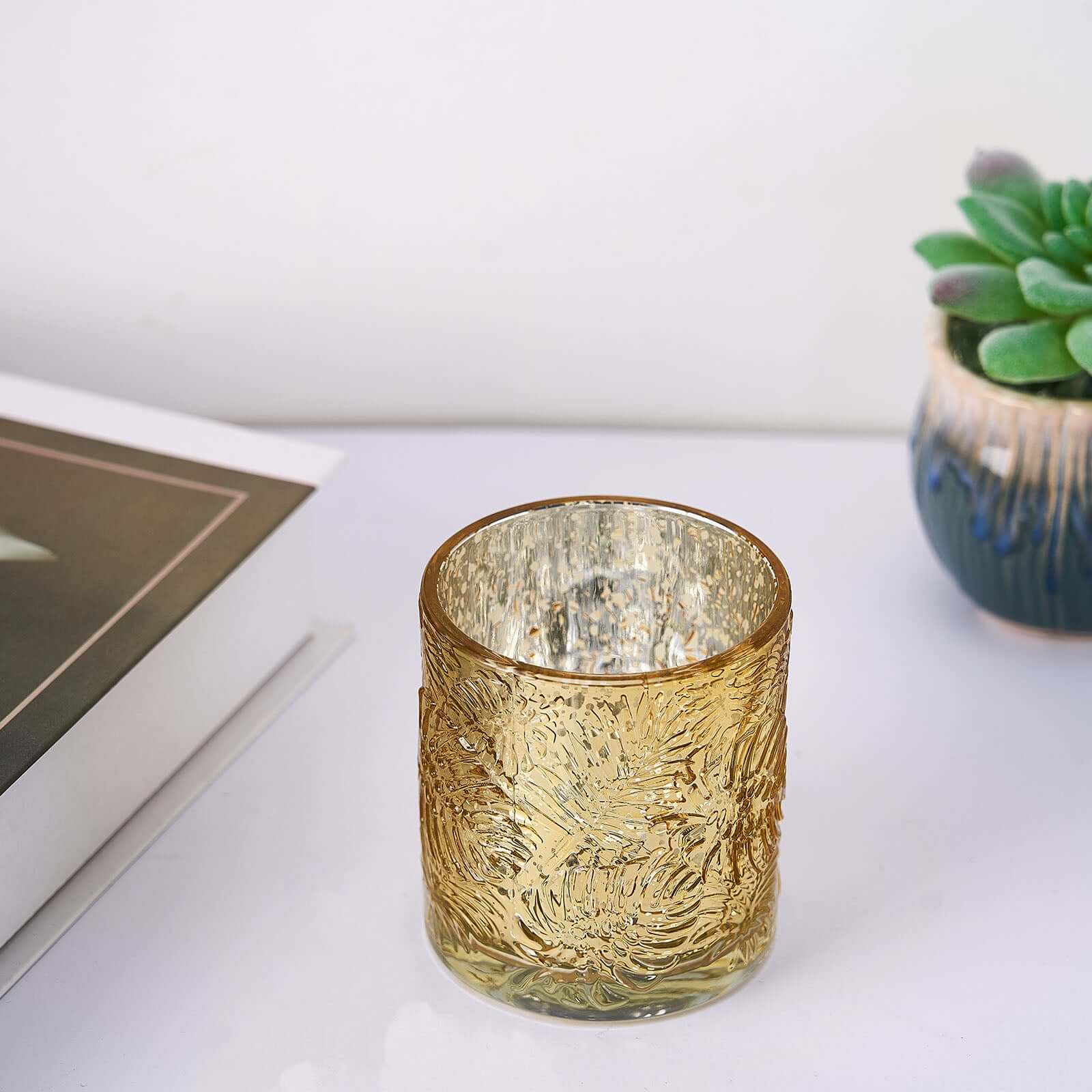 6-Pack Mercury Glass Candle Holders Gold Palm Leaf Design - Votive Tealight Holders for Events