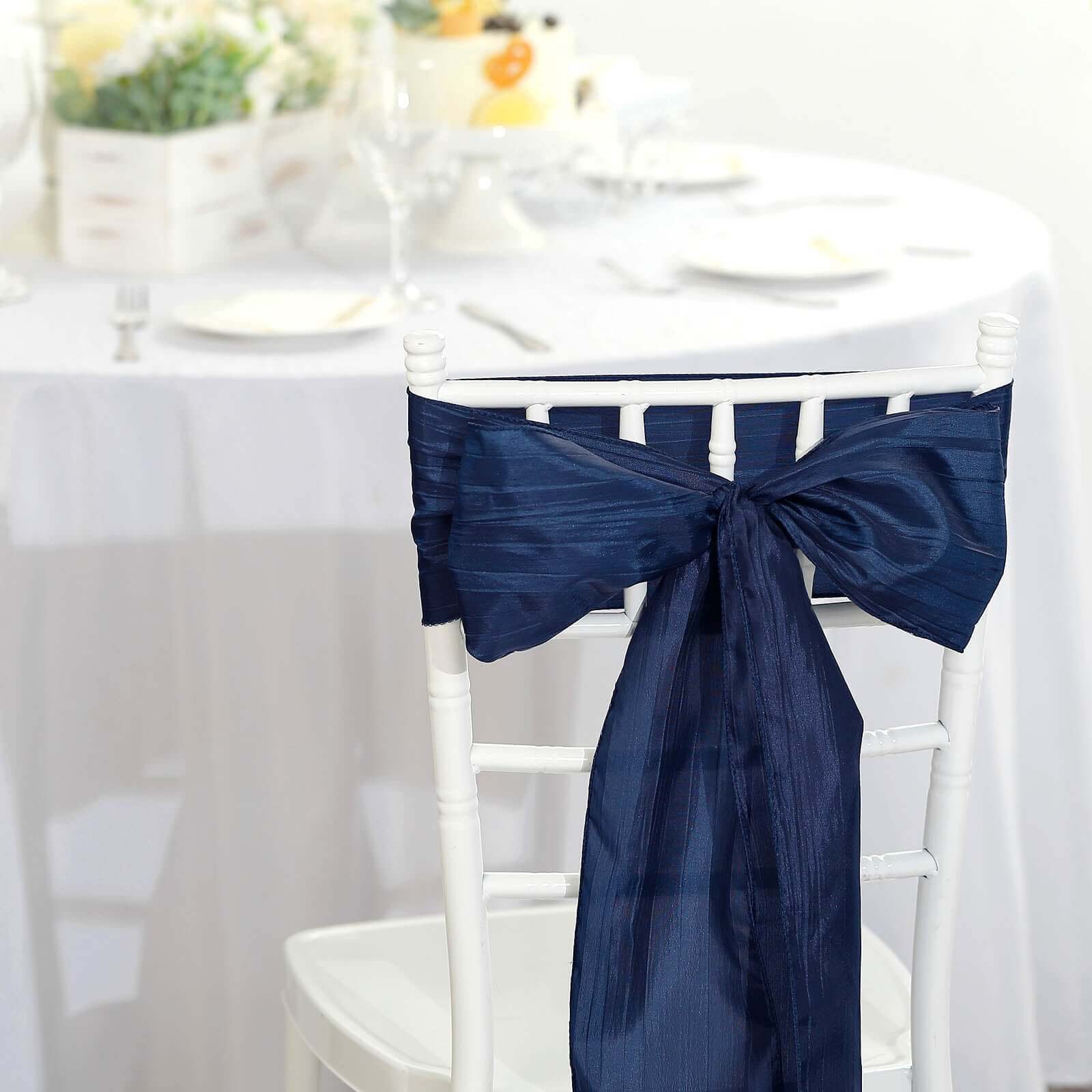 5 Pack Taffeta 6x106 Chair Sashes Navy Blue Accordion Crinkle Texture - Stylish Decor for Weddings & Gatherings