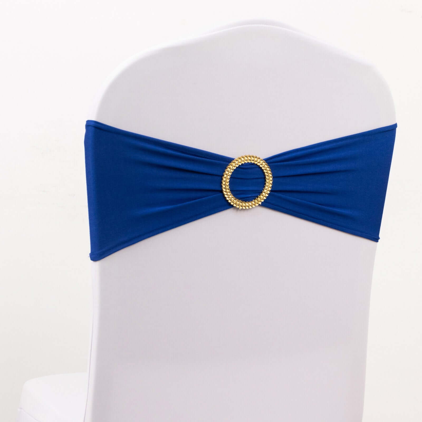 5 Pack Spandex Chair Sashes Royal Blue with Gold Rhinestone Buckles - Reusable Four-Way Stretch Sash Bands 5x14