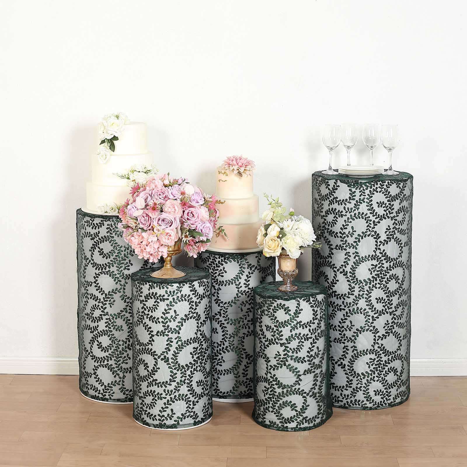 Set of 5 Hunter Emerald Green Sequin Mesh Cylinder Pedestal Stand Covers with Leaf Vine Embroidery, Sparkly Sheer Tulle Pillar Prop Covers