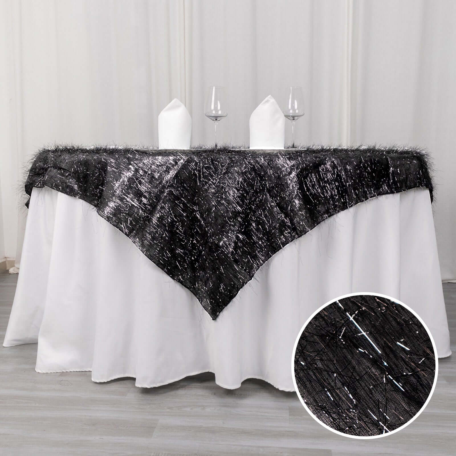 Polyester 72x72 Table Overlay Square Tablecloth Black - Metallic Fringe Shag Tinsel Table Cover