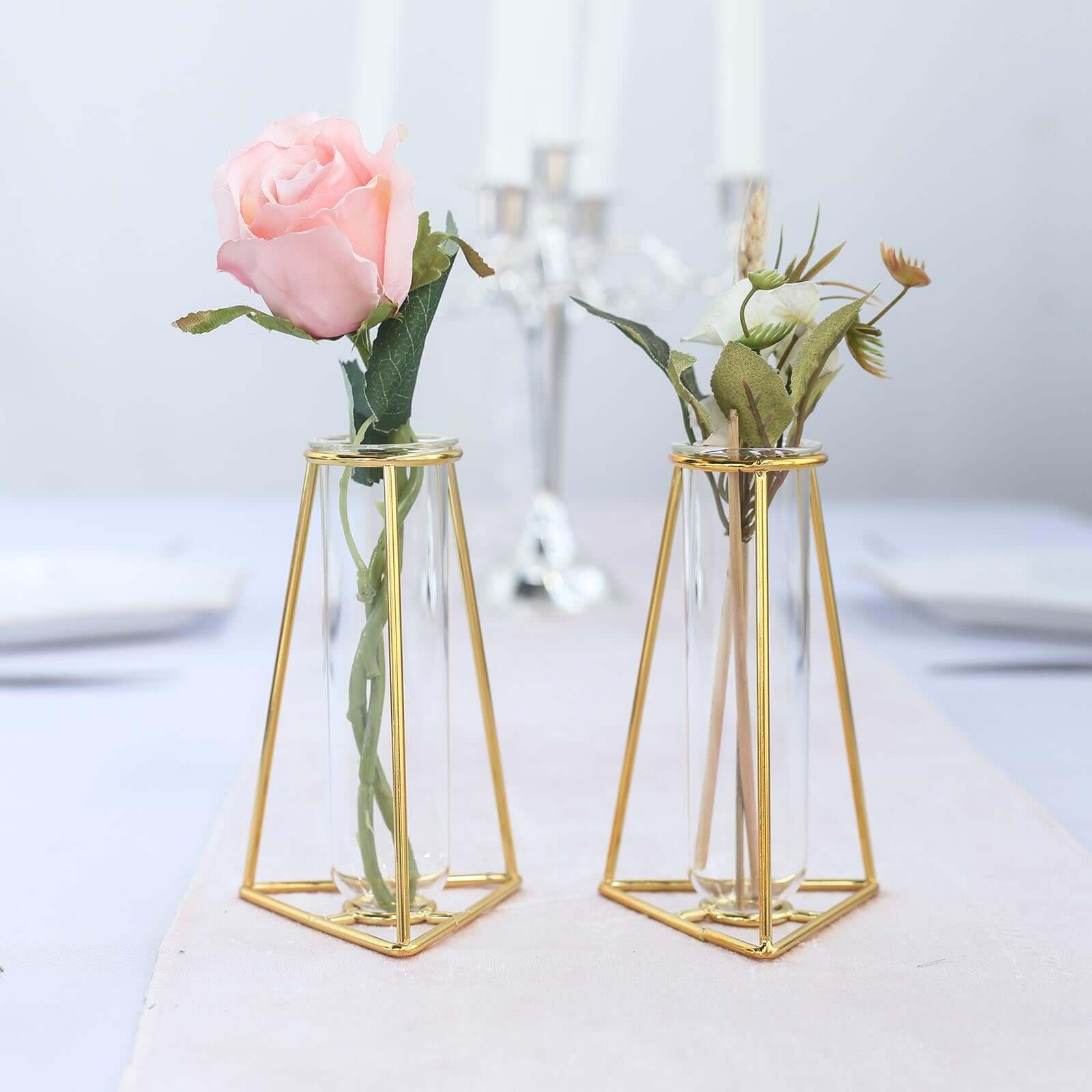 2-Pack Mini Wedding Centerpieces Gold Metal Frame Triangular Geometric Design - Test Tube Bud Vases 6