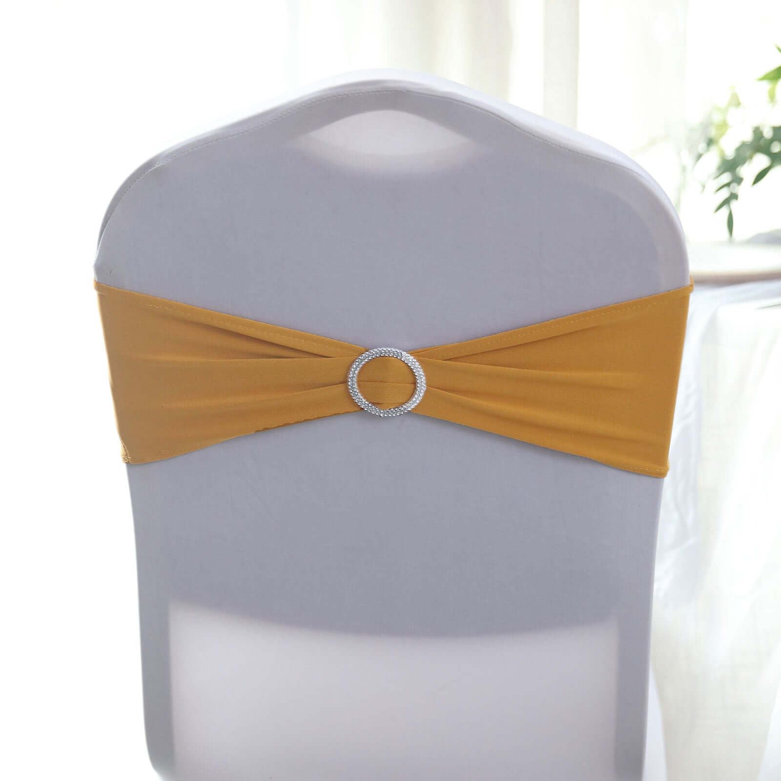 5 Pack Stretch Spandex Chair Sashes Gold - Classy Reusable Chair Bands with Silver Diamond Ring Slide Buckle 5x14