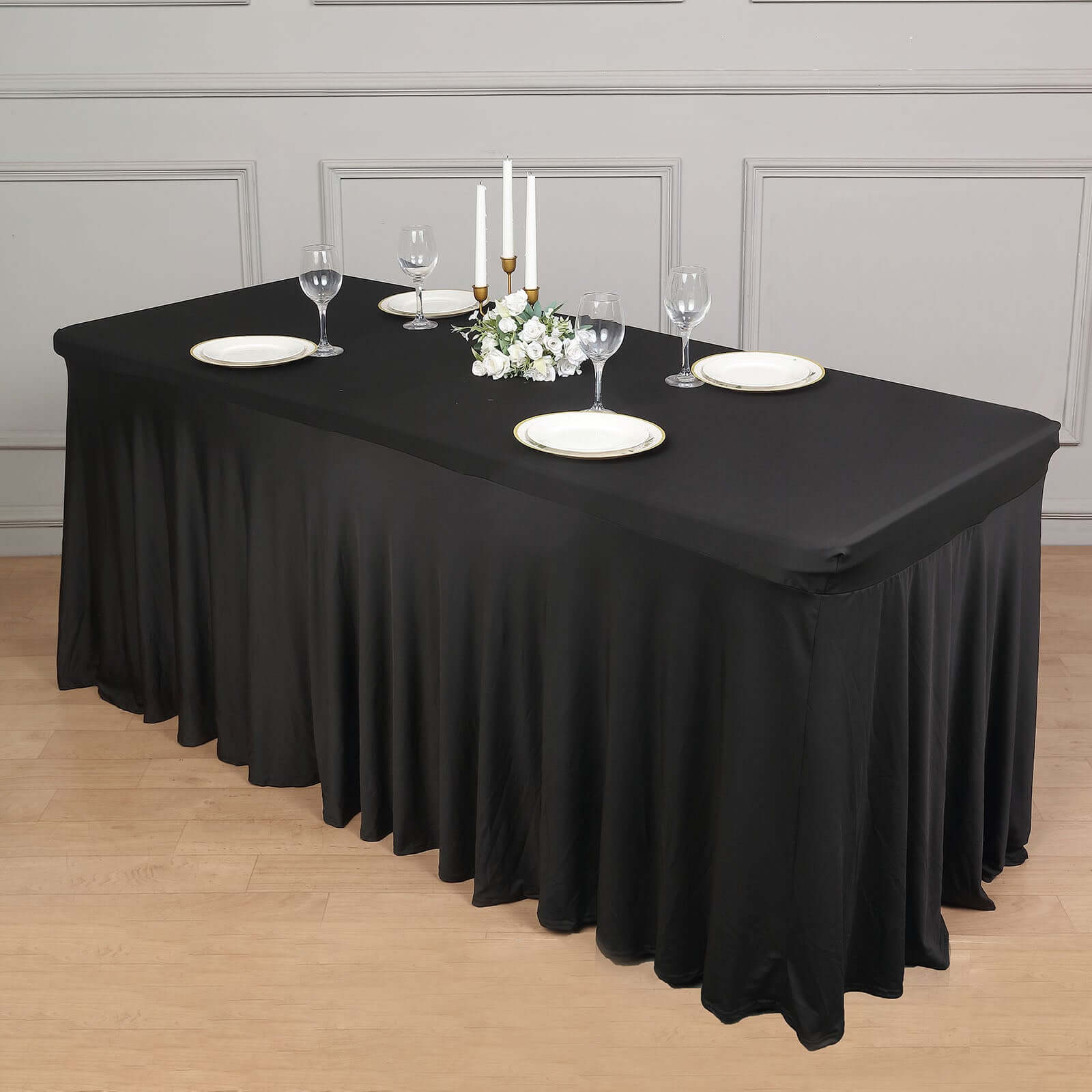 Spandex Rectangle 72x30 Table Skirt Black with Wavy Skirt-Like Effect Table Cover