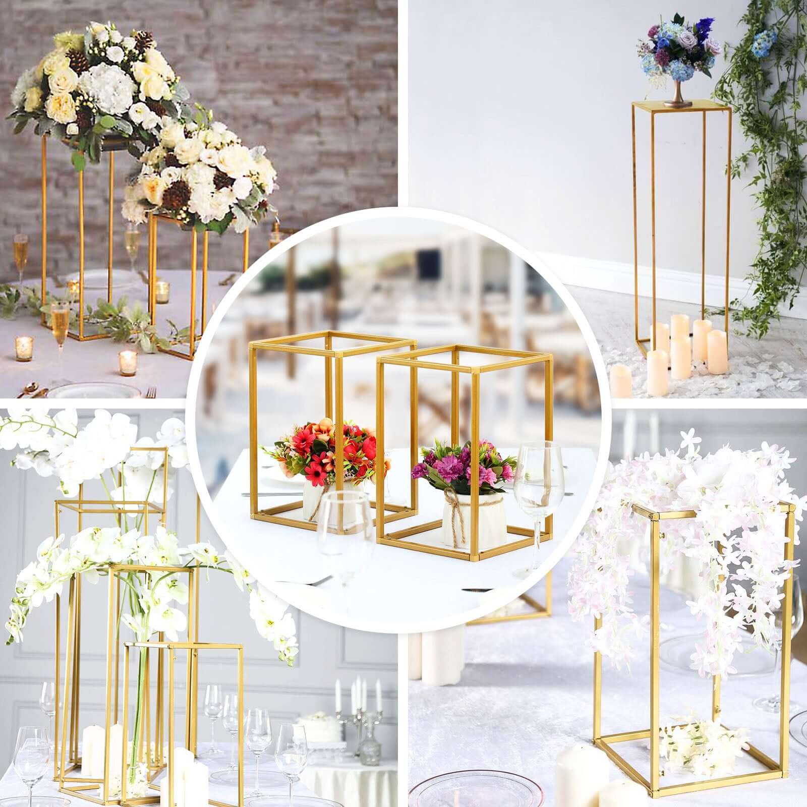 2-Pack Wedding Flower Stand Gold Metal Geometric Column Frame Rectangular - Versatile Floral Pedestal for Sophisticated Arrangements 16