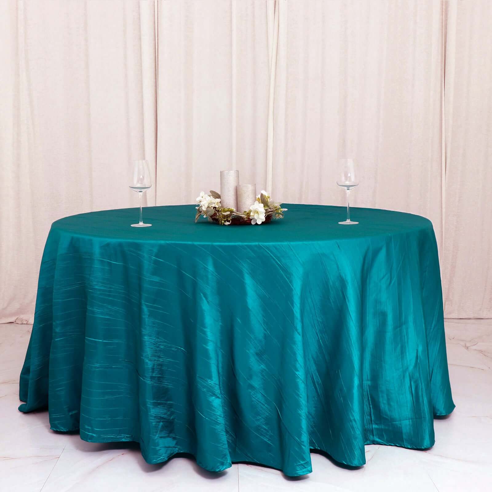 Taffeta 120 Round Tablecloth Peacock Teal - Seamless Accordion Crinkle Table Cover