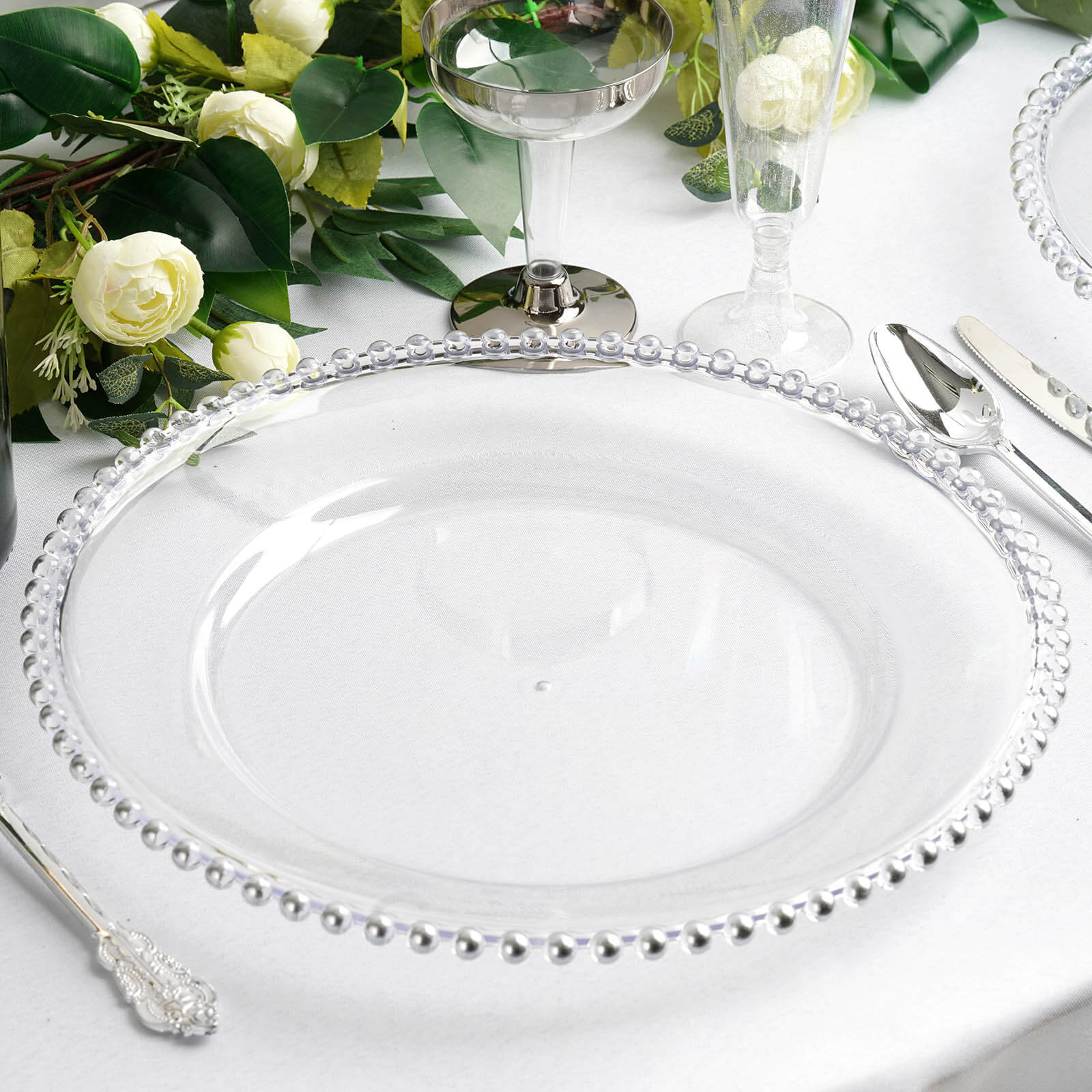 6-Pack Acrylic Round Charger Plates 13 in Clear with Silver Beaded Rim, Decorative Dinner Party Serving Plates