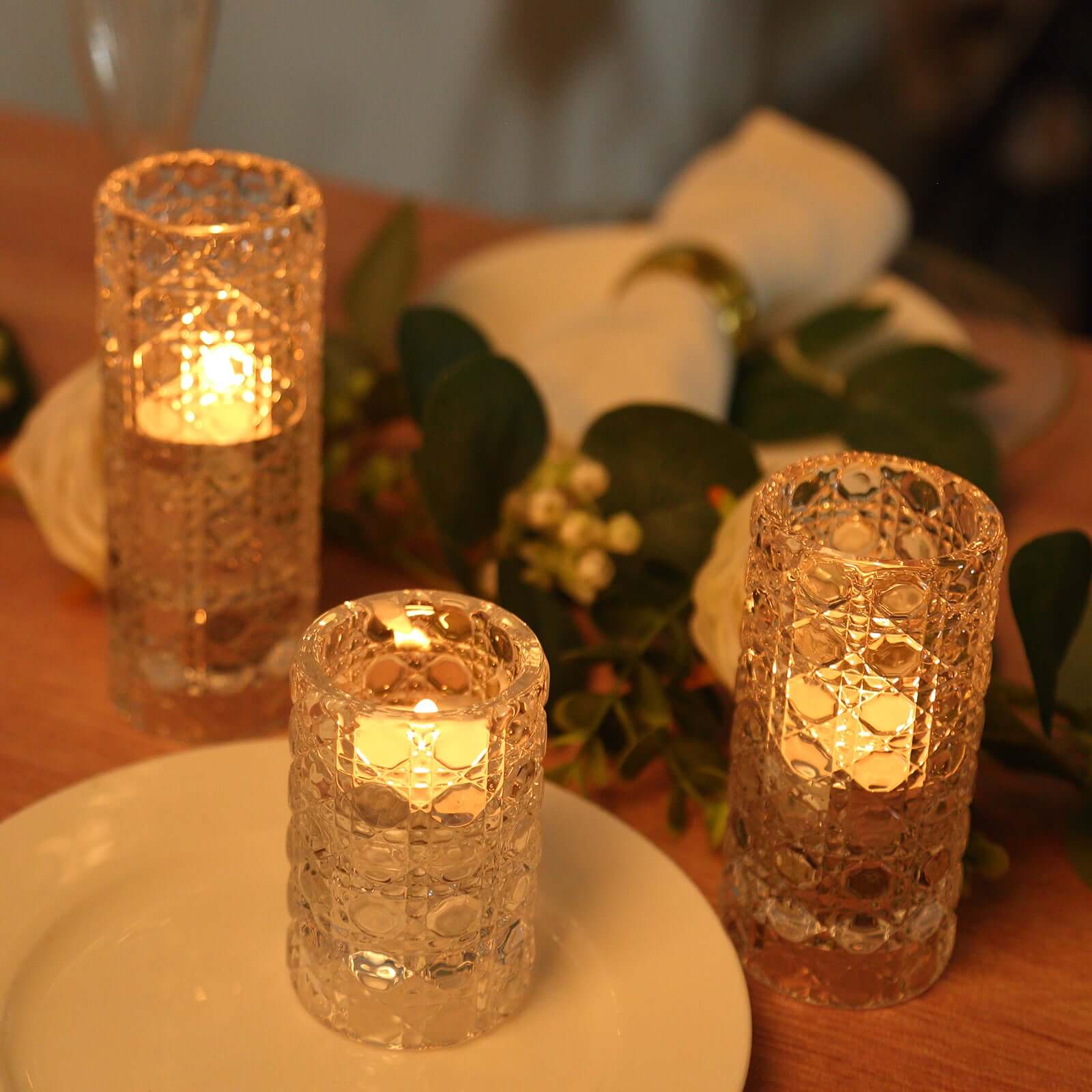 Set of 3 Glass Taper Candle Holders Clear with Gemstone Pattern - Dual Sided Crystal Cylinder Tealight Stands 3, 4, 5.5