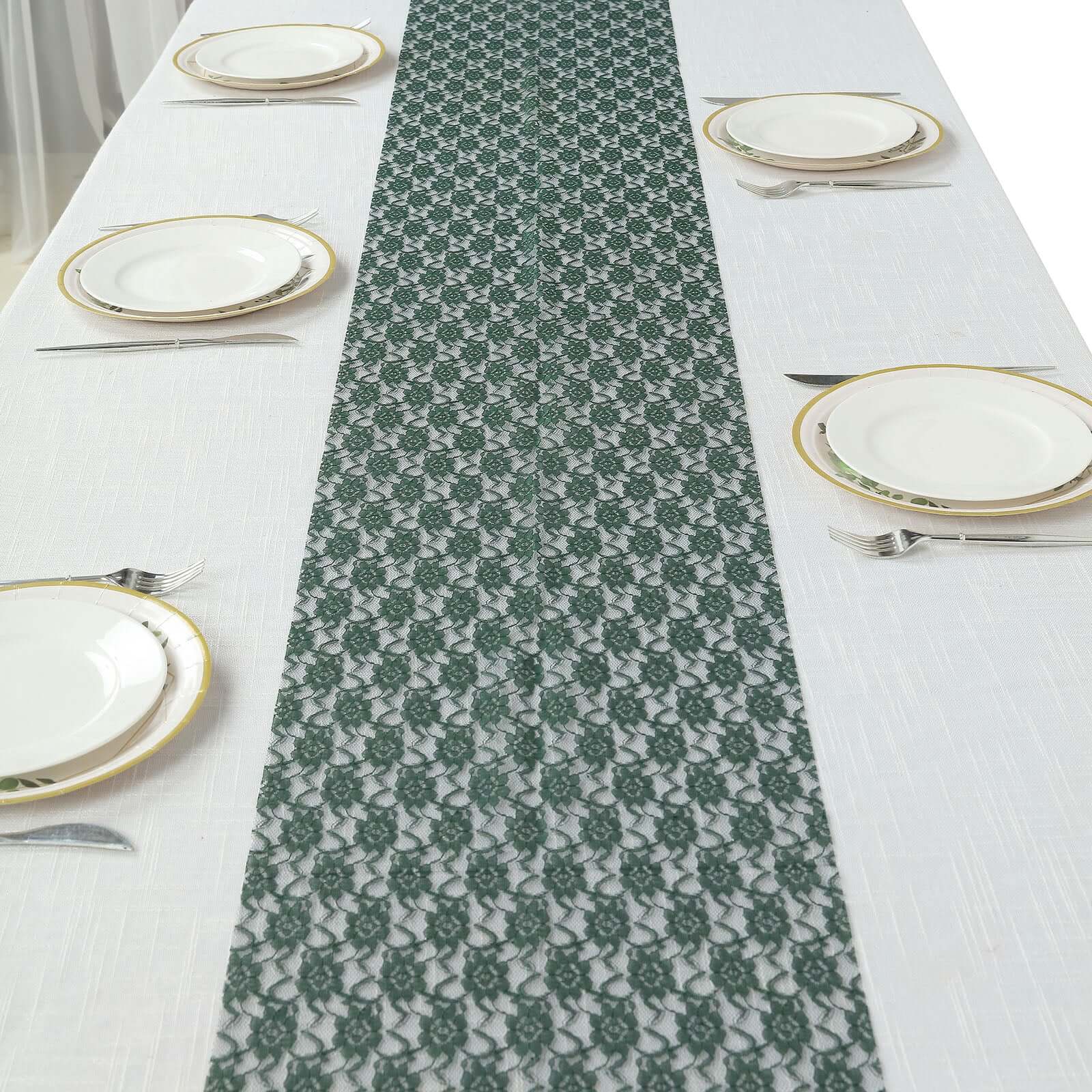 Floral Lace 12x108 Table Runner Hunter Emerald Green - Stylish Vintage Table Decor