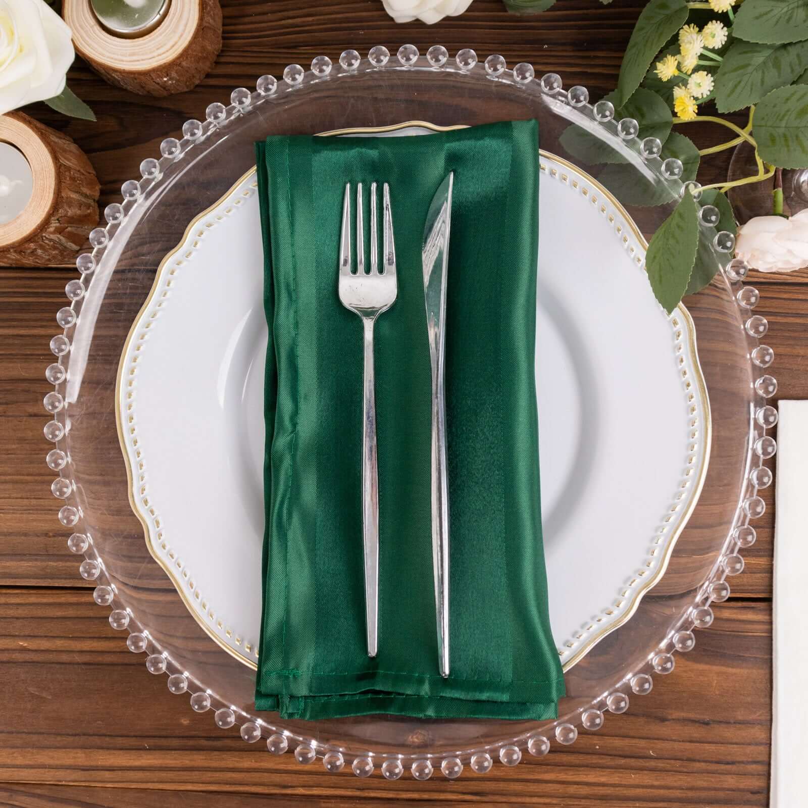 5 Pack Satin 20x20 Napkins Hunter Emerald Green Glossy Stripes - Durable & Wrinkle-Free Cloth Napkins