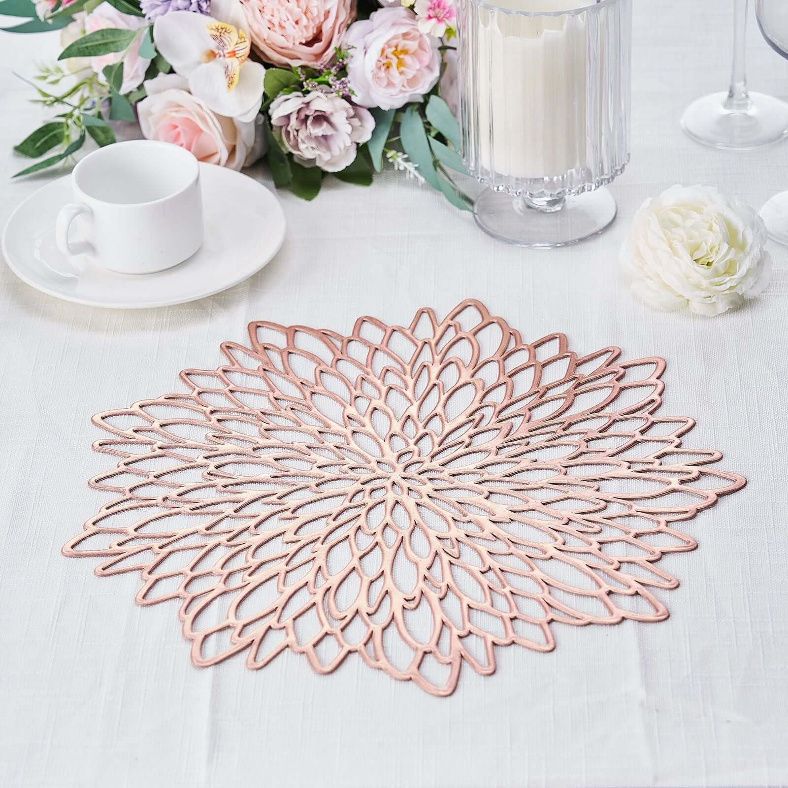 6-Pack Dining Table Mats Floral Design Rose Gold - Metallic Vinyl Round Non-Slip Mats for Tables 15