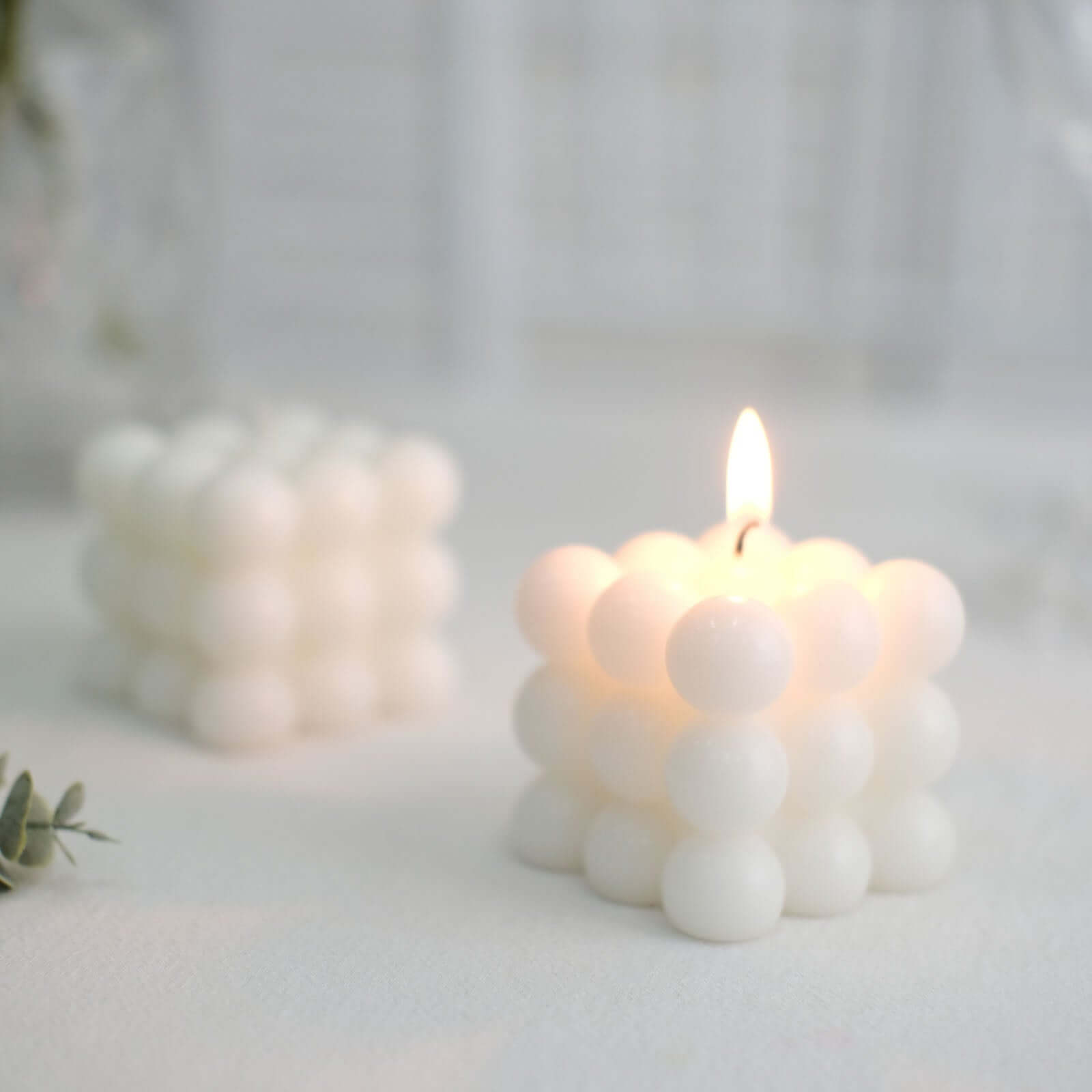 2-Pack Decorative Paraffin Wax Candles Bubble Cube Design White - Unscented Long Burning Pillar Candle Set 2