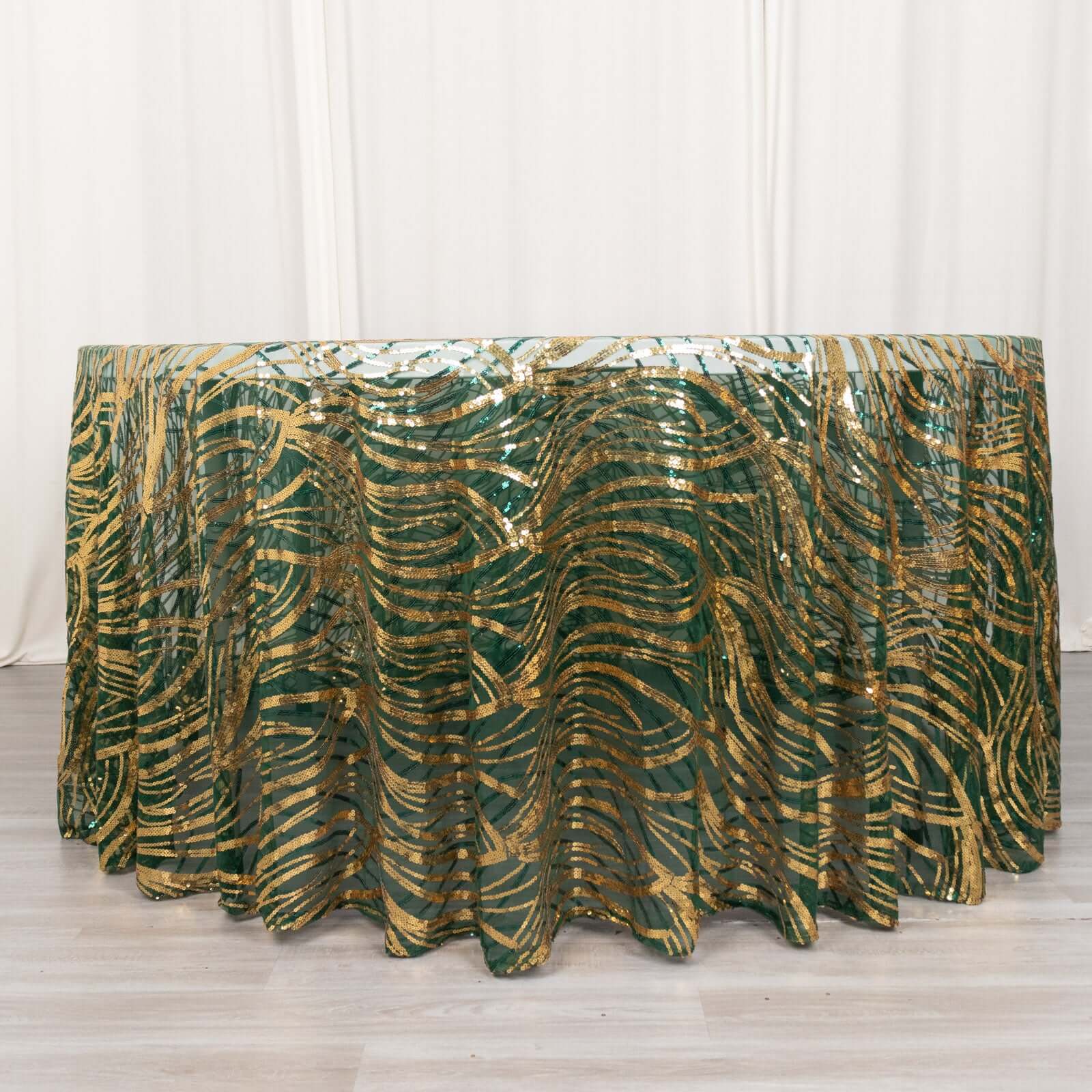 Sequin Mesh 120 Round Tablecloth Hunter Emerald Green/Gold - Seamless Wave Embroidered Table Cover