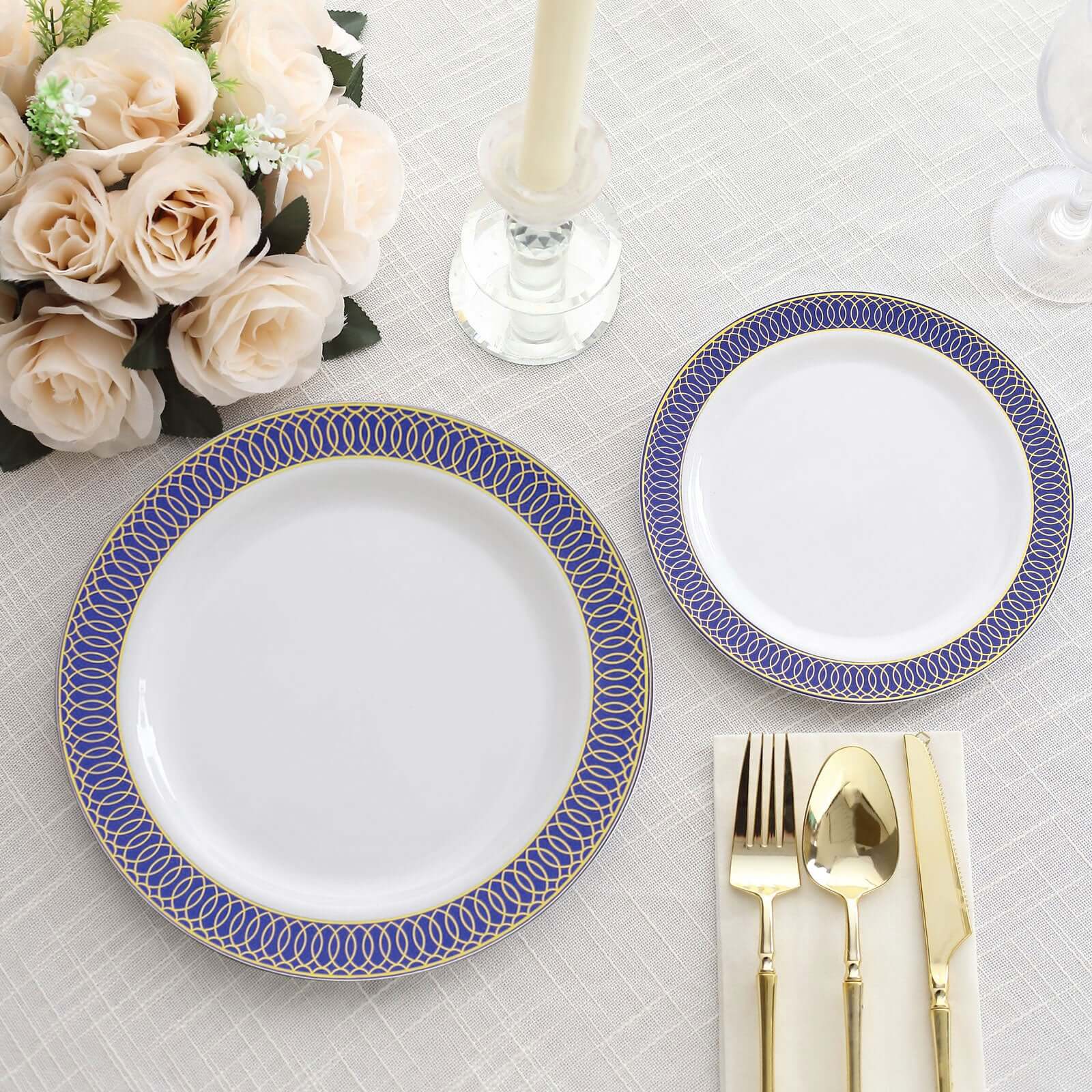 10-Pack Plastic Round Dinner Plates 10 White with Navy Blue Gold Spiral Rim - Chic Disposable Party Plates