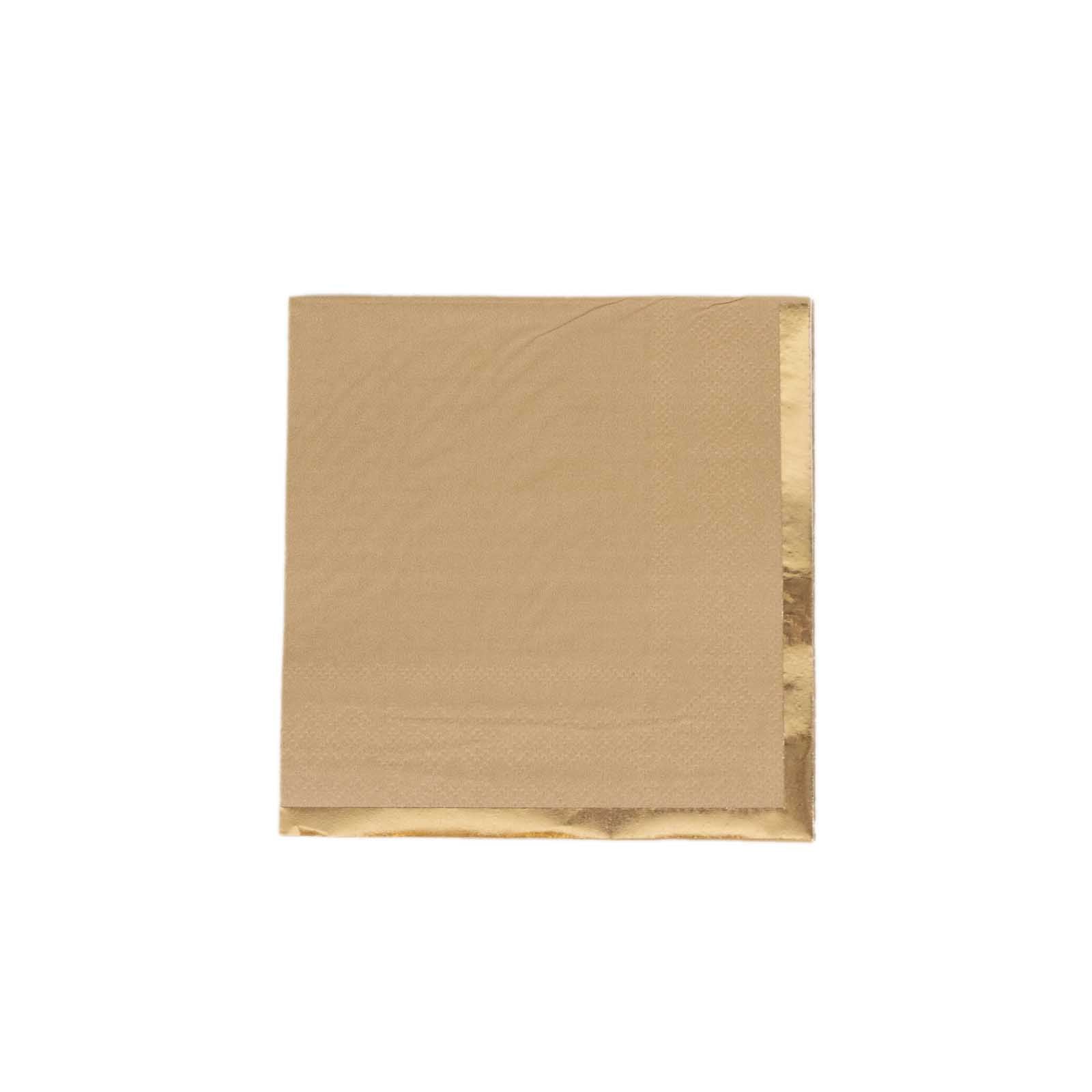 50-Pack Paper Beverage Napkins Natural with Gold Foil Edge - 2 Ply Disposable Soft 18GSM Cocktail Napkins 5x5