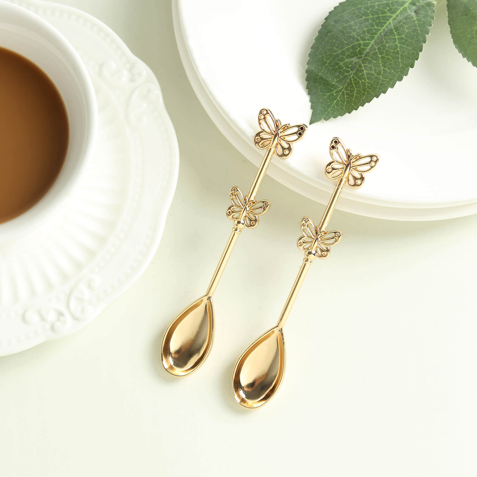 5 Pack Gold Metal Butterfly Handle Dessert Spoons in Clear Top Black Gift Box, Pre-Packed Mini Espresso Coffee Spoons Wedding Souvenir Gift with Thank You Tag and Ribbon - 4