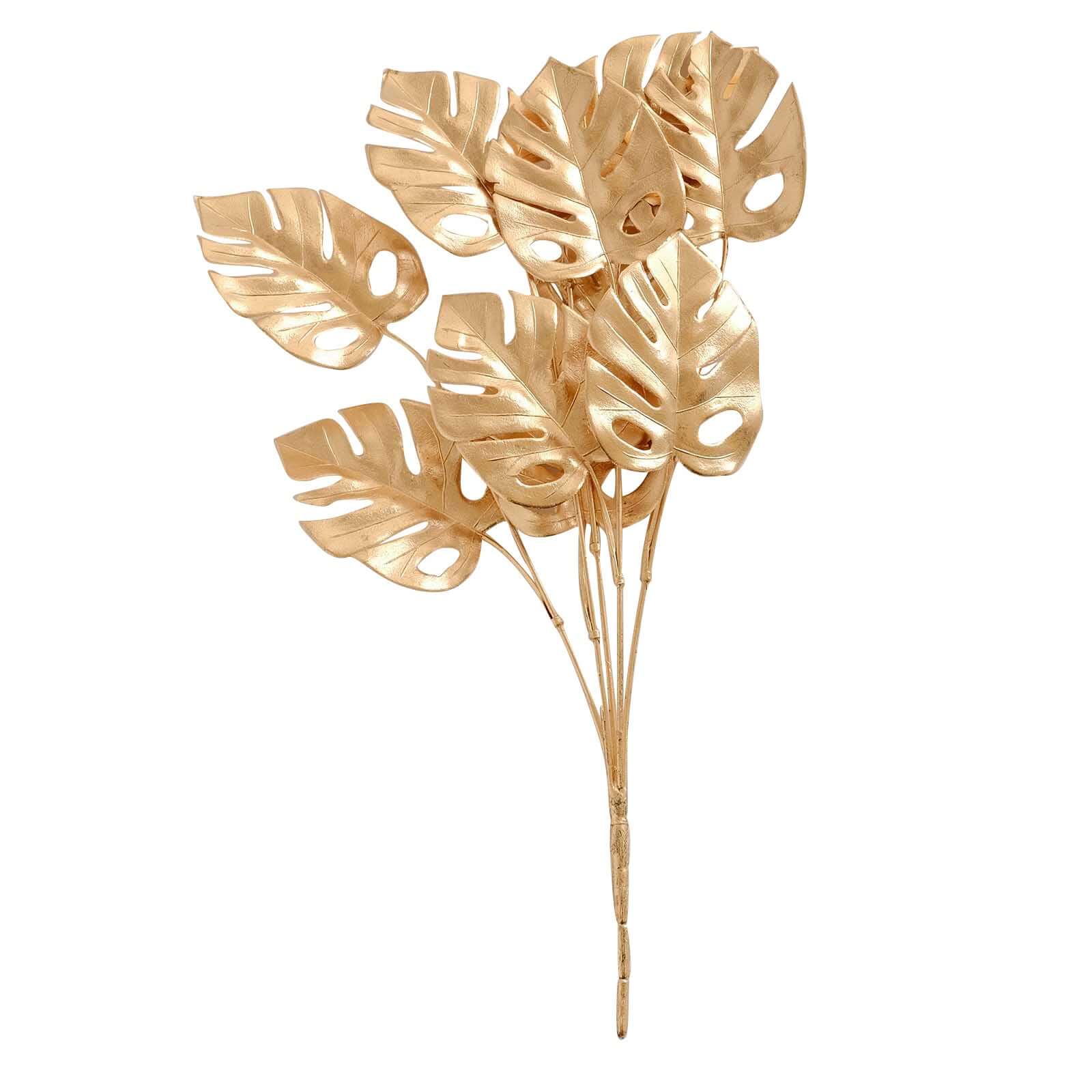 4-Pack Artificial Monstera Leaves Bushes Metallic Gold - Chic Faux Palm Leaf Decor Vase Filler for Hawaiian Jungle Tropical Themed Weddings Parties & Events 14