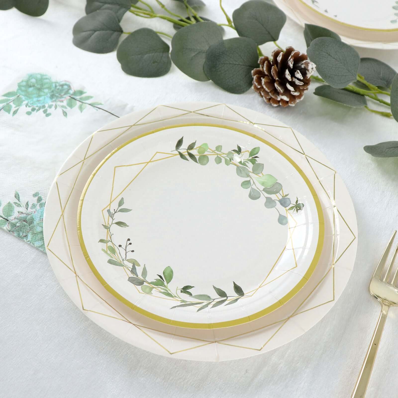 24-Pack Paper 7 Round Dessert Plates in White with Eucalyptus Leaves & Gold Rim - Disposable 300GSM Salad Plates for Garden Weddings & Celebrations