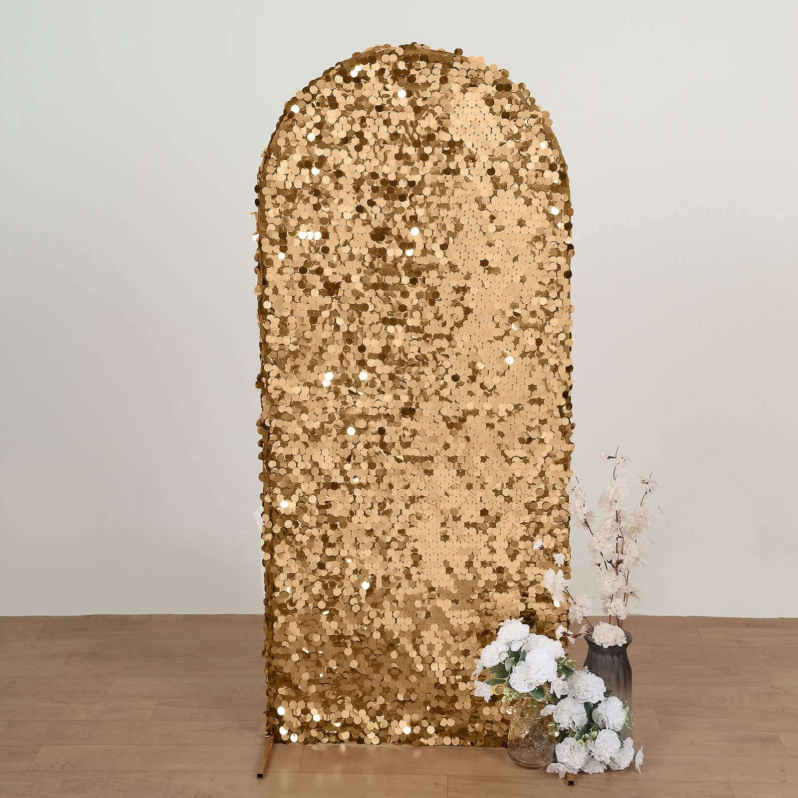 5ft Sparkly Gold Double Sided Big Payette Sequin Chiara Backdrop Stand Cover For Fitted Round Top Wedding Arch