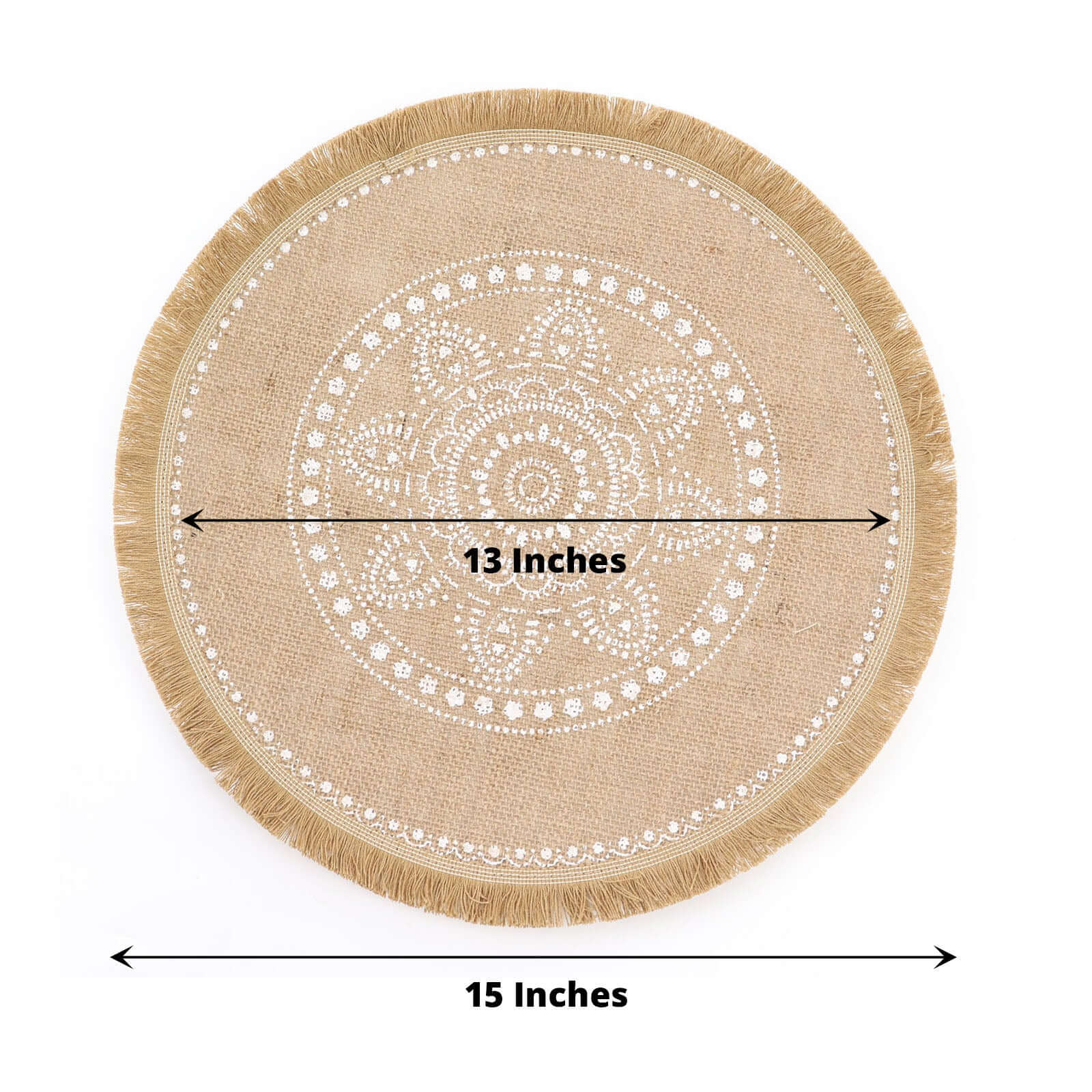 4-Pack Placemats White Embroidery Print Design Natural Jute Fringe Round - Rustic Burlap Woven Style 15