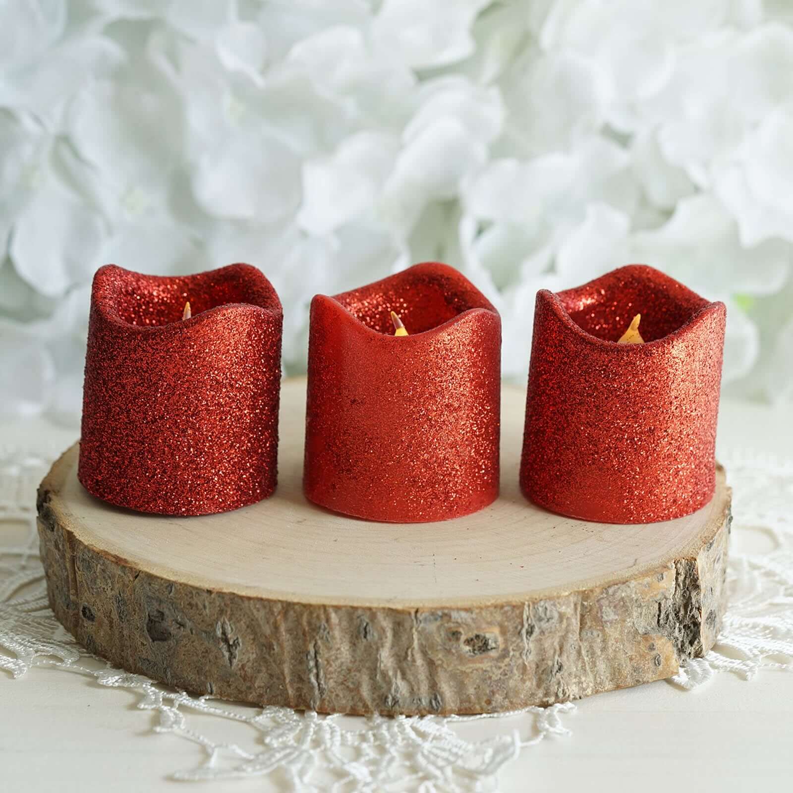 12-Pack LED Votive Candles Glittered Red Design - Reusable Flameless Battery Operated Lights