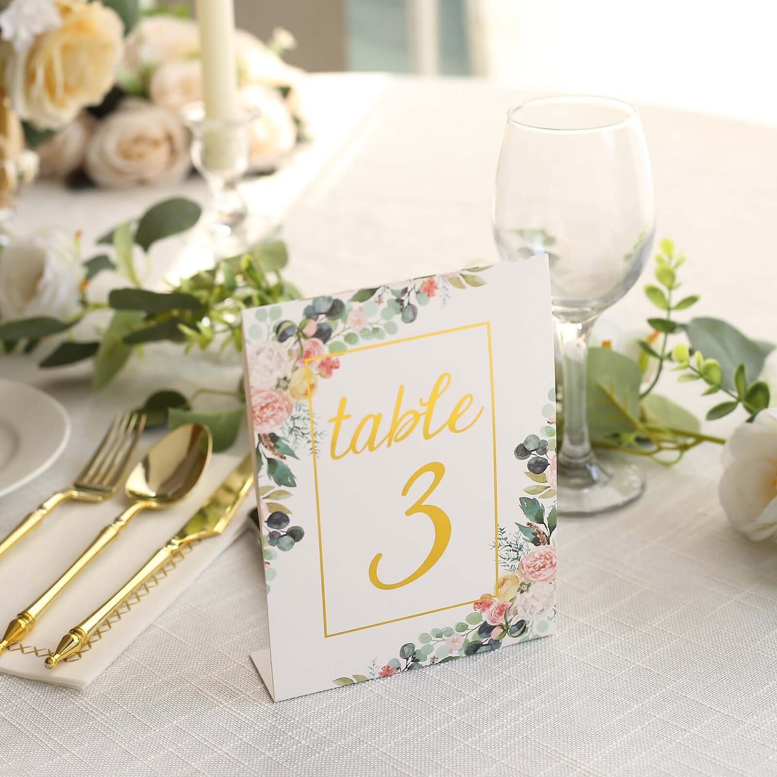 25-Pack Paper Wedding Table Numbers 1-25 White Peony Flower Design - Free Standing Double Sided Table Signs with Glam Gold Foil Numbers 7