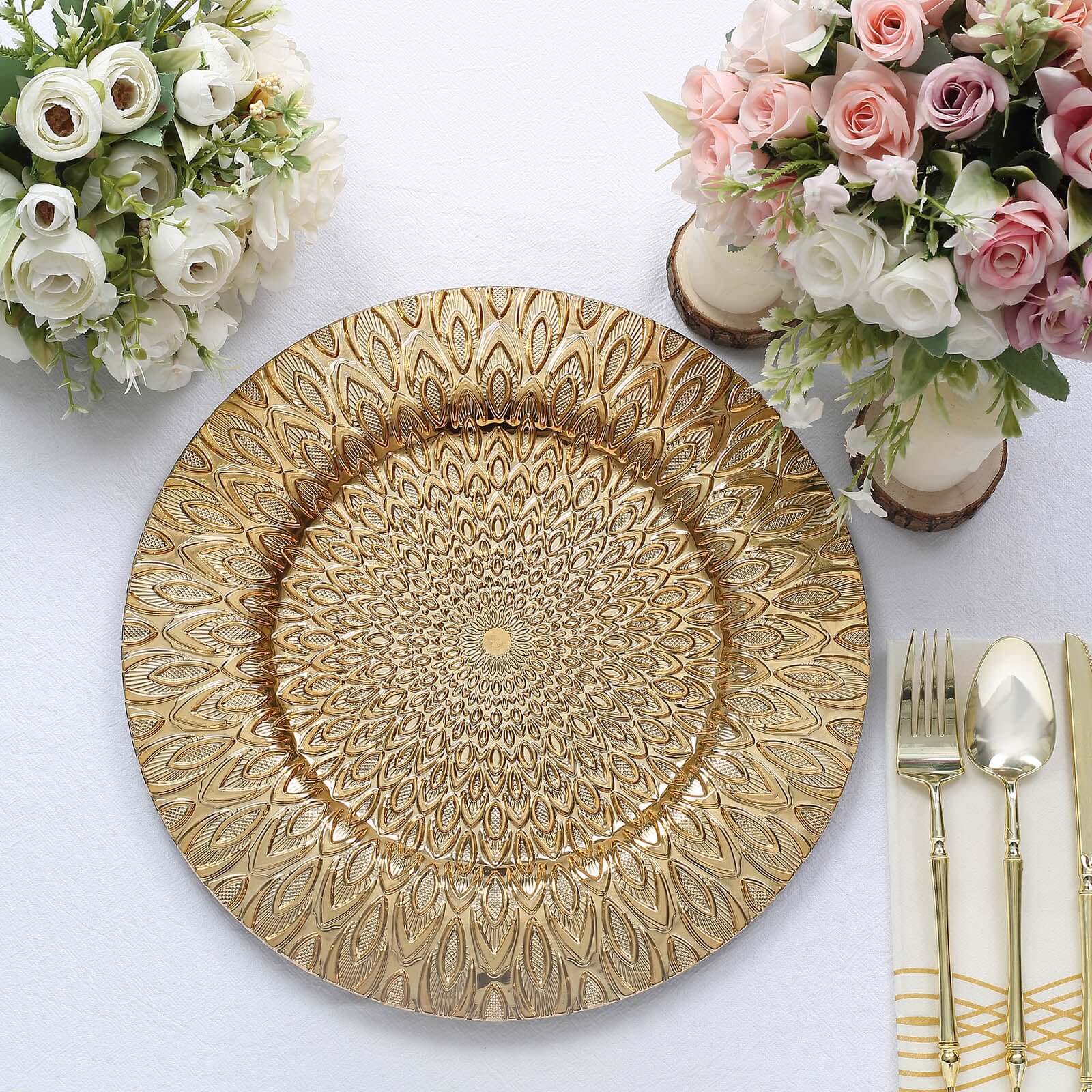 6-Pack Plastic Round Charger Plates 13 in Gold with Embossed Peacock Pattern, Stylish Disposable Charger Tableware