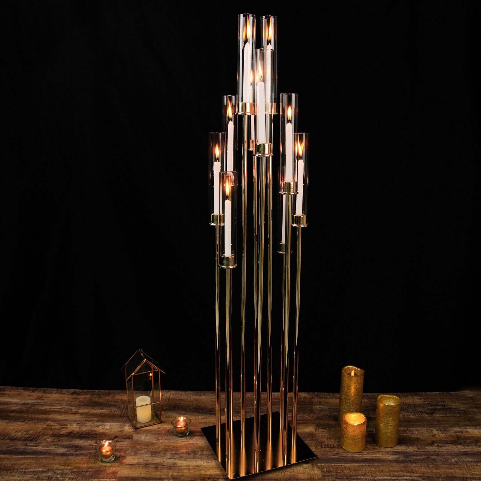 10-Arm Cluster Taper Candle Holder Gold with Clear Glass Shades - Stylish Large Candle Arrangement for Gatherings 50