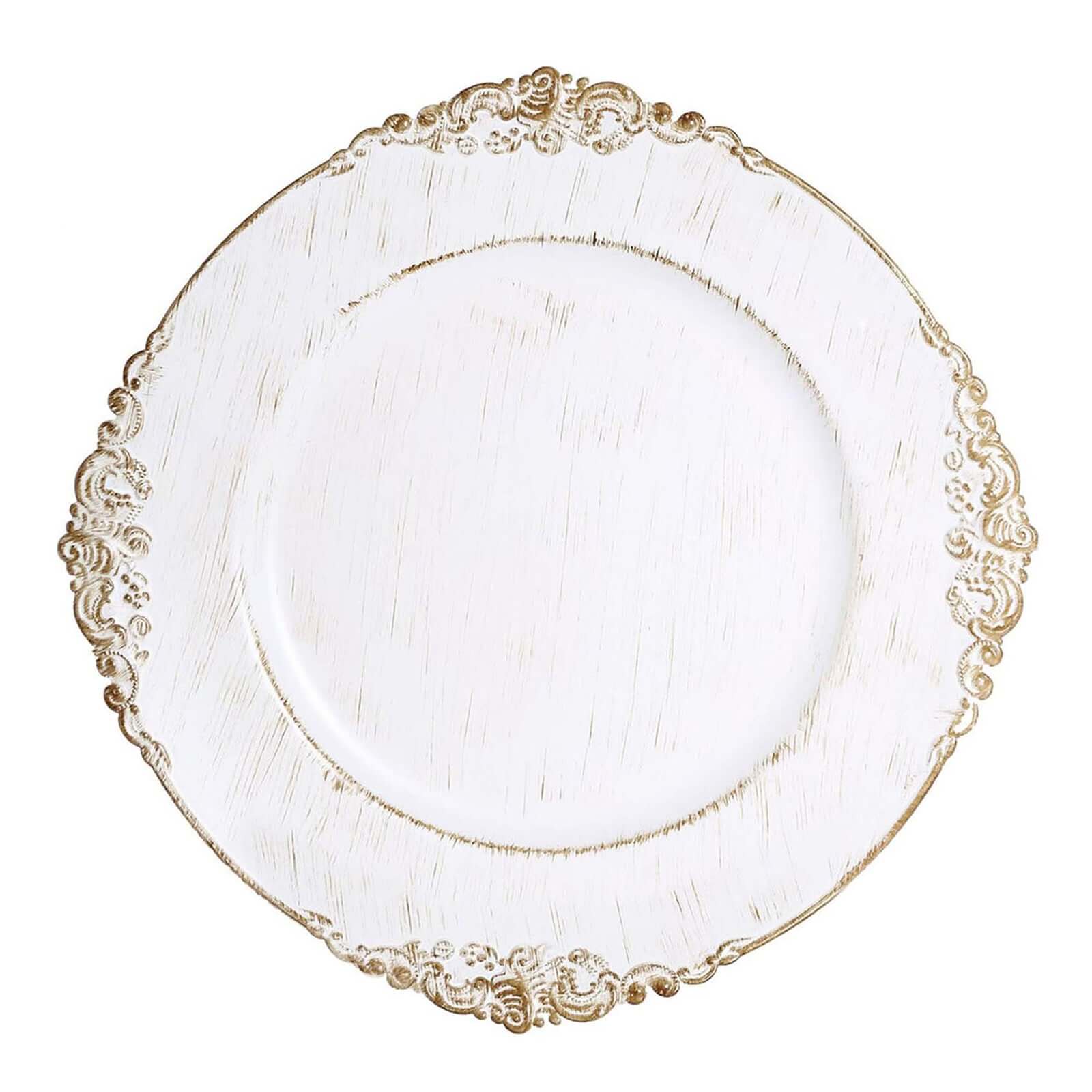 6-Pack Acrylic Round Charger Plates 13 in White Washed with Gold Embossed Baroque Rim, Antique Decorative Dinner Party Charger Tableware