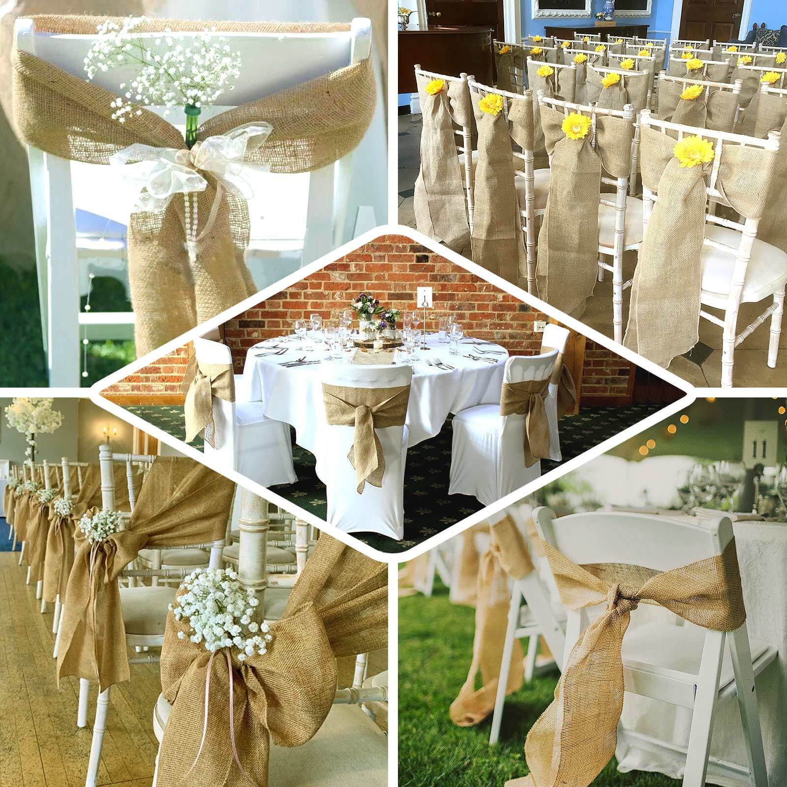 5 Pack Jute Faux Burlap 6x108 Chair Sashes Natural - Boho Chic Linen Decor