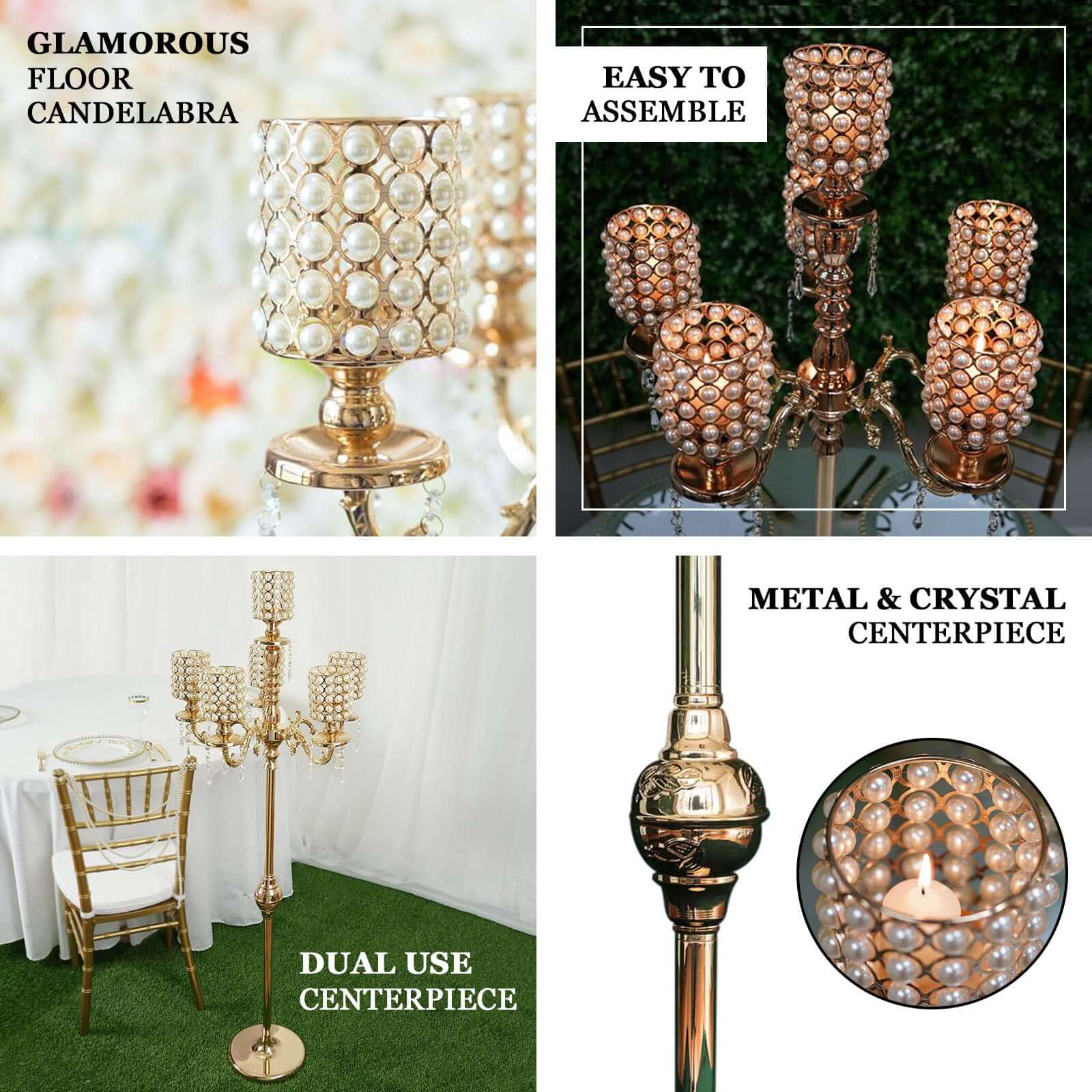 Metal Pearl Beaded Candelabra in Gold 6-Arm - Stylish Table Centerpiece with Crystal Chandelier Pendants