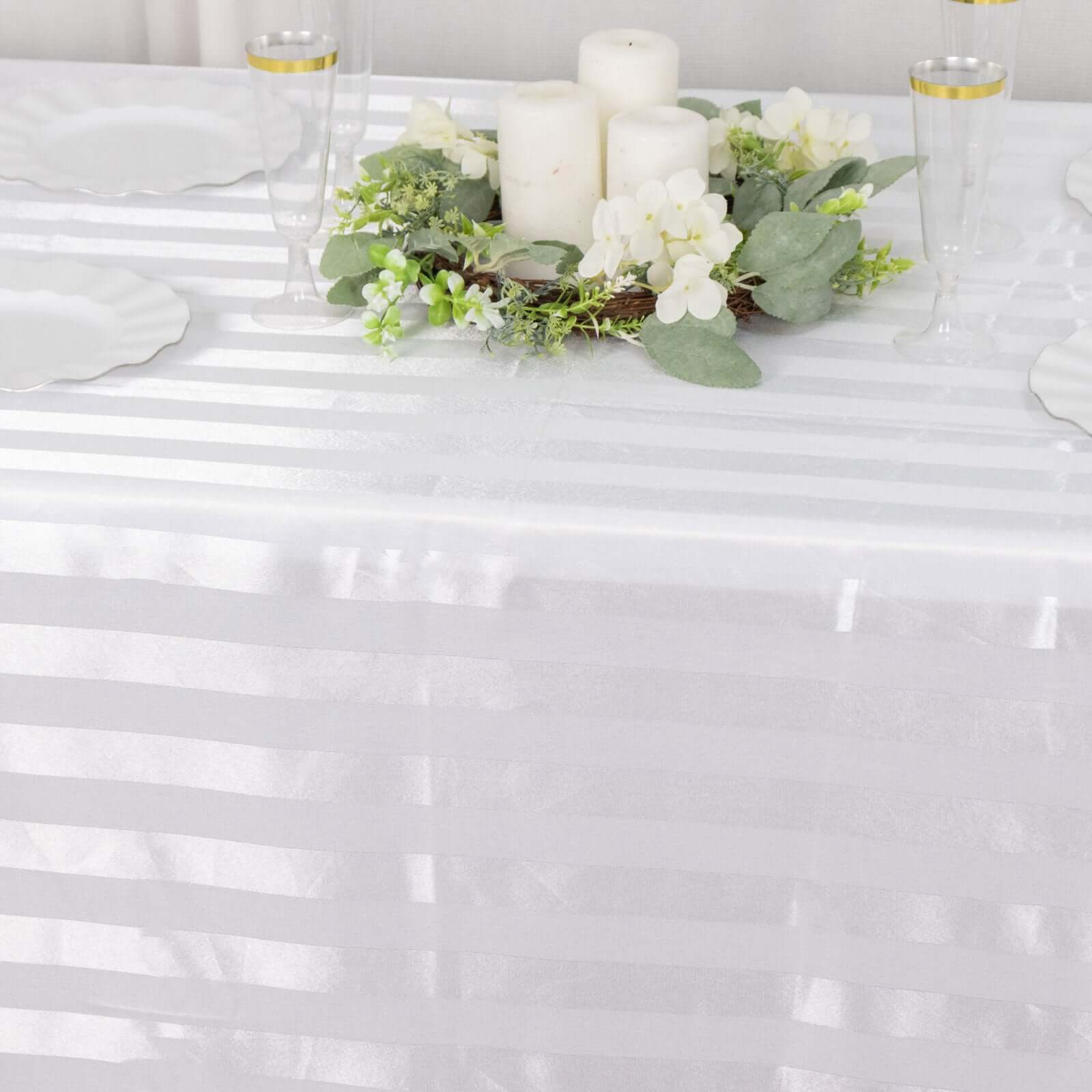 Satin Striped 90x132 Rectangular Tablecloth White Satin Stripe - Seamless Silky Smooth Wedding Decor